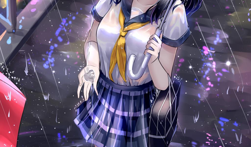 Girl Schoolgirl Umbrella Rain Anime