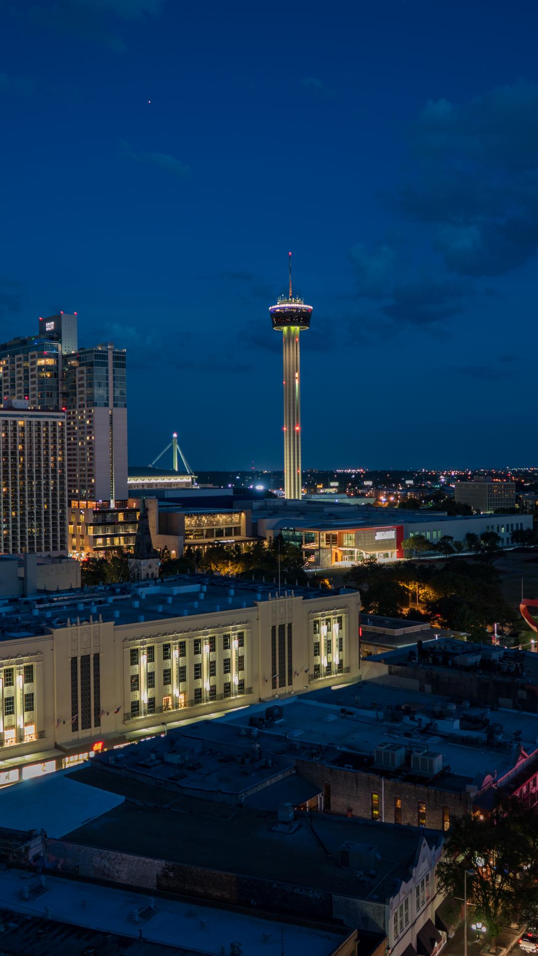 City Buildings Tower Lights Twilight Aerial-view