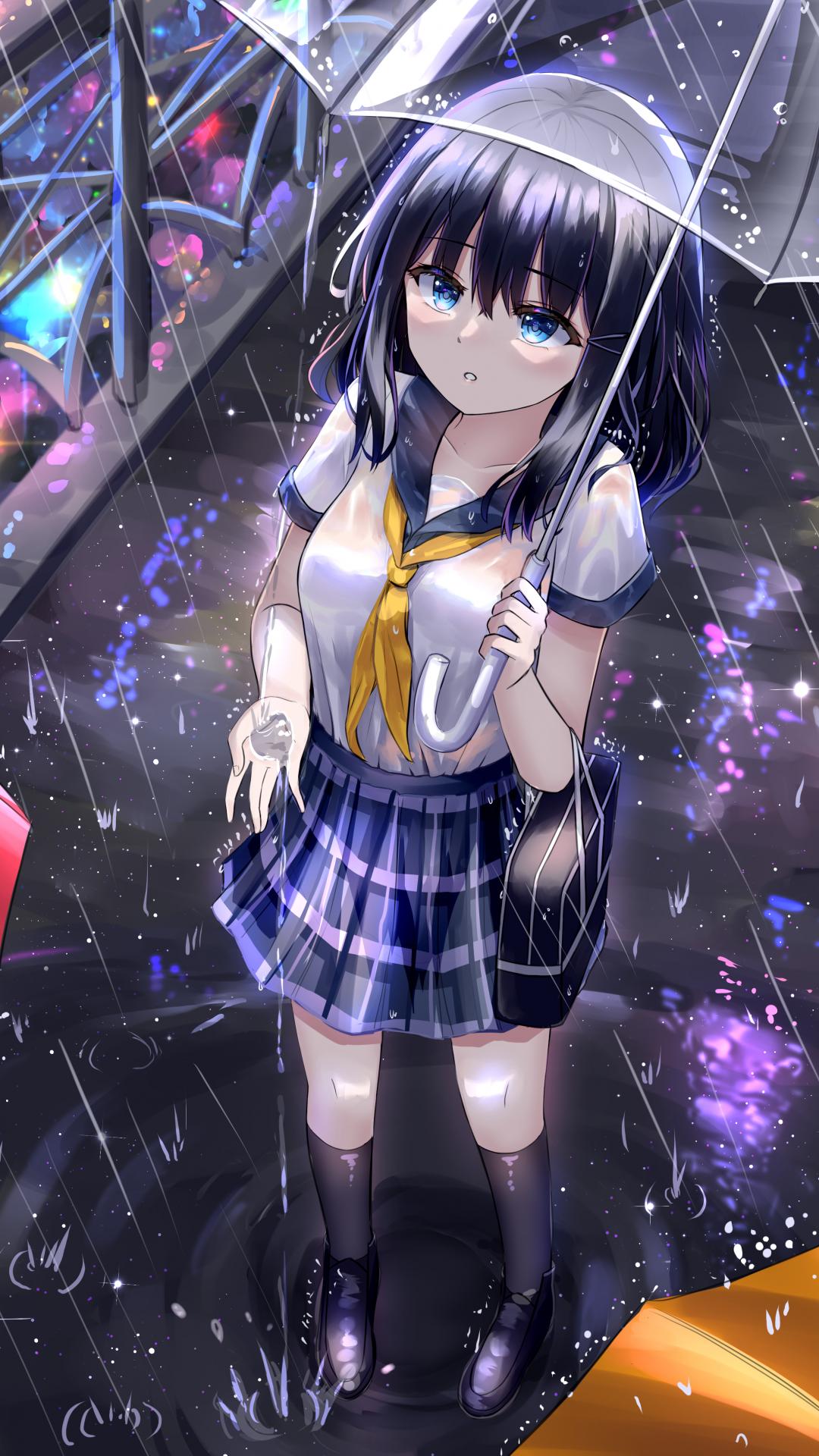 Girl Schoolgirl Umbrella Rain Anime
