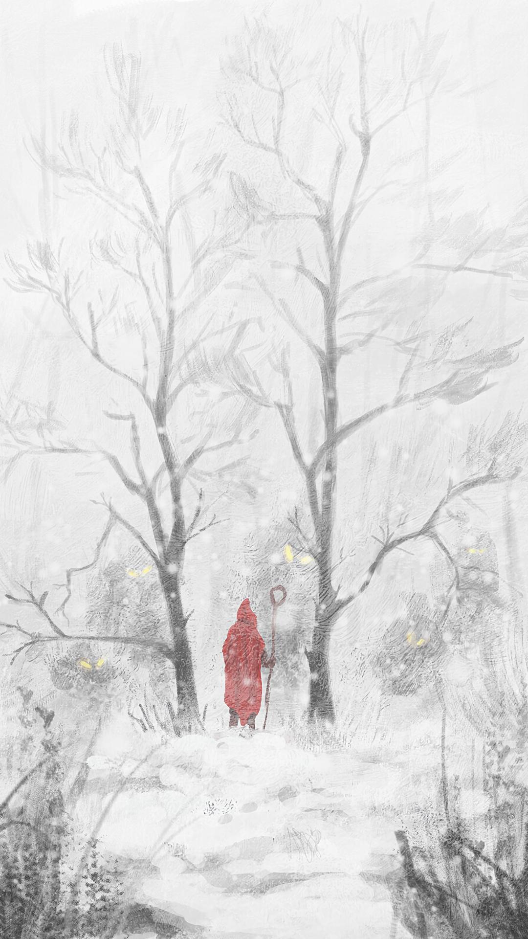 Silhouette Cloak Staff Forest Snow Winter Art