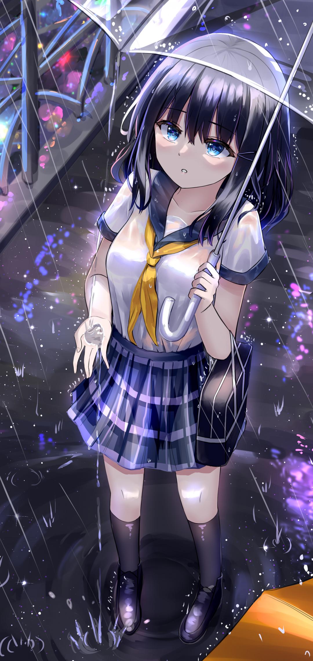Girl Schoolgirl Umbrella Rain Anime