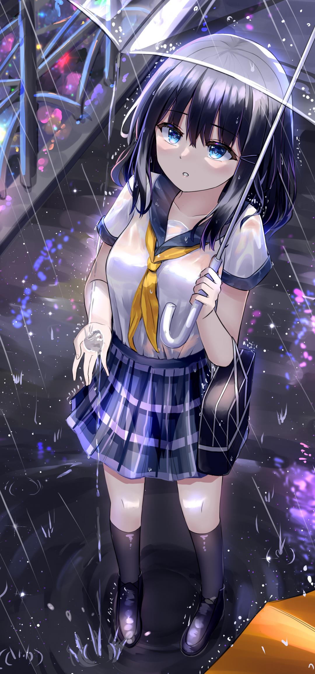 Girl Schoolgirl Umbrella Rain Anime