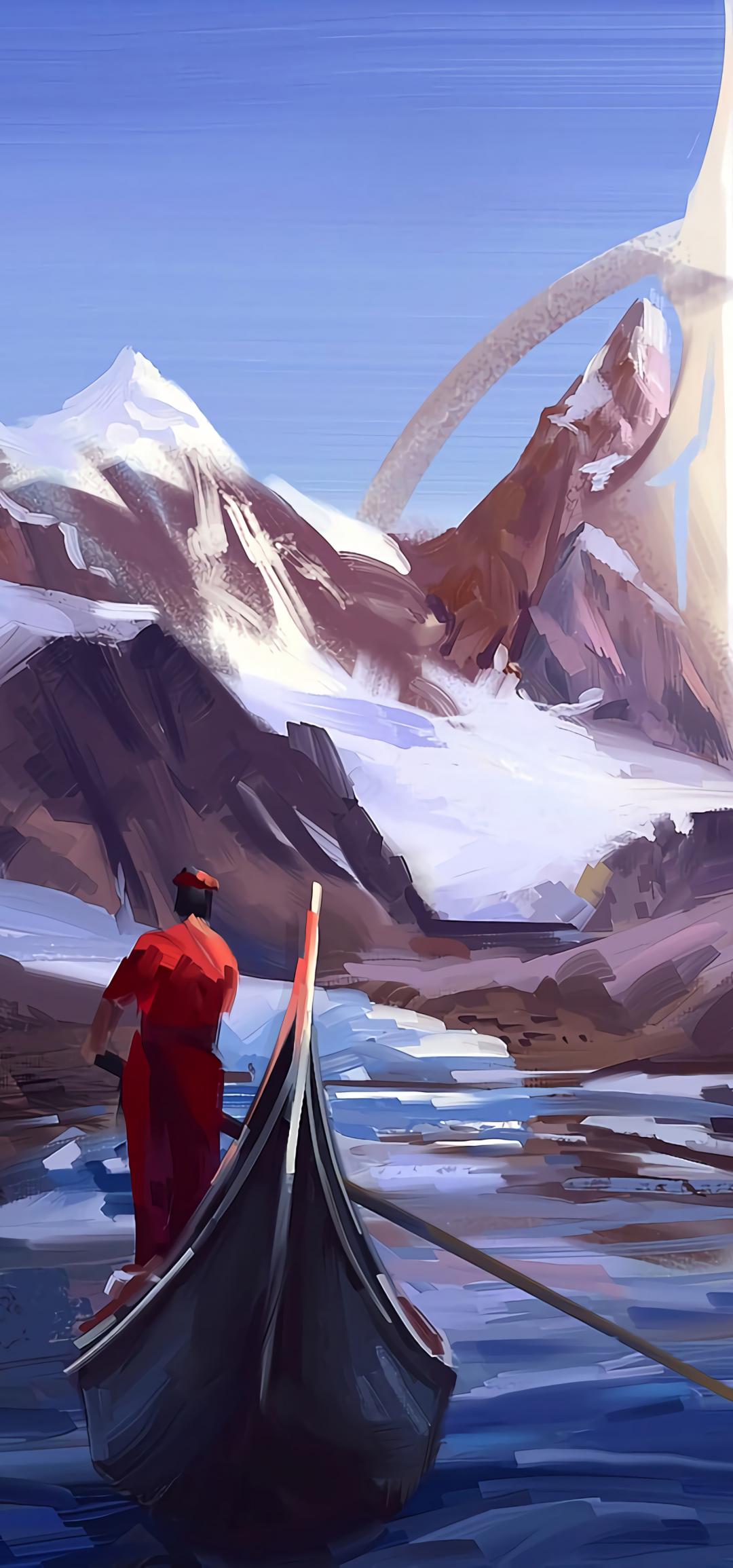 Silhouette Boat River Mountains Art