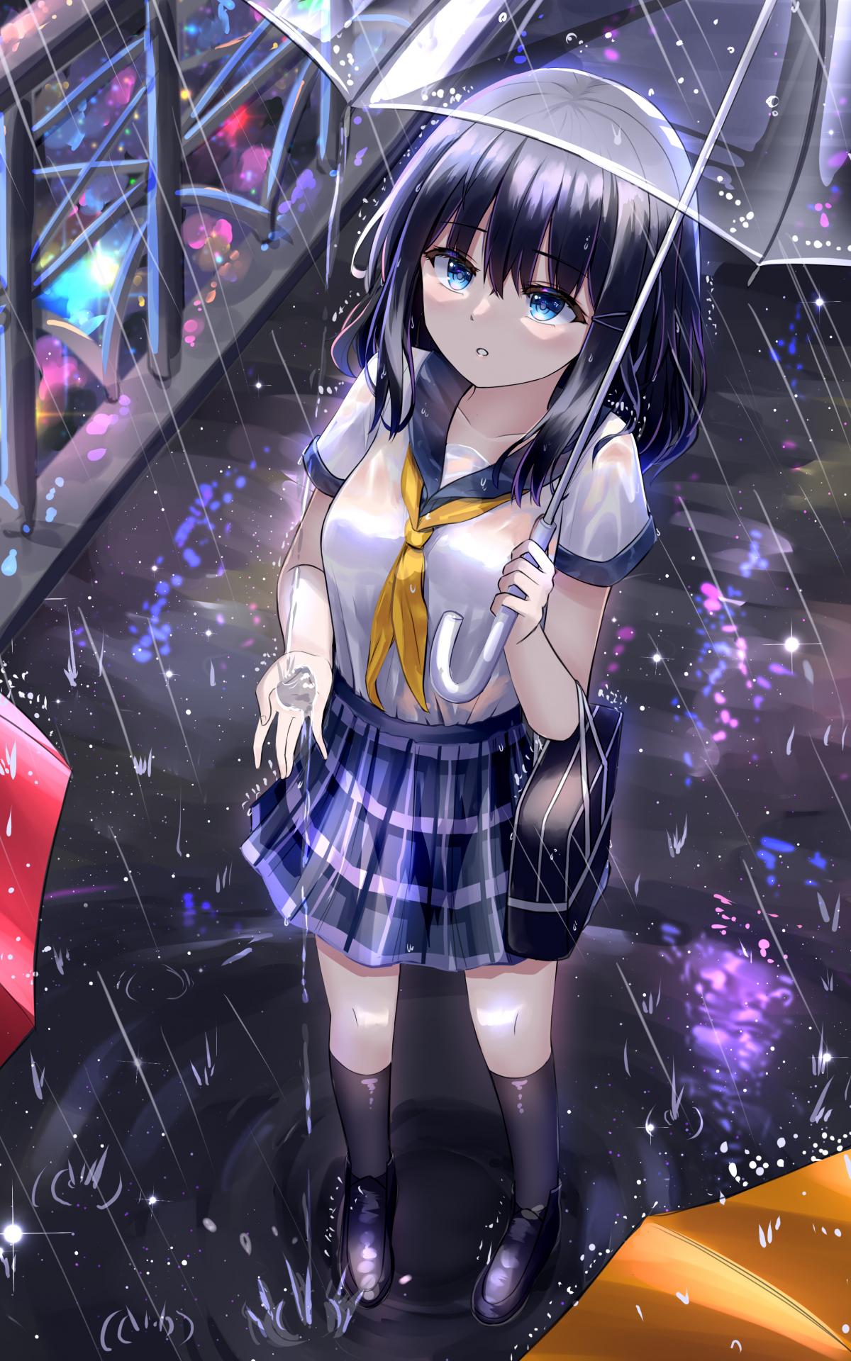 Girl Schoolgirl Umbrella Rain Anime