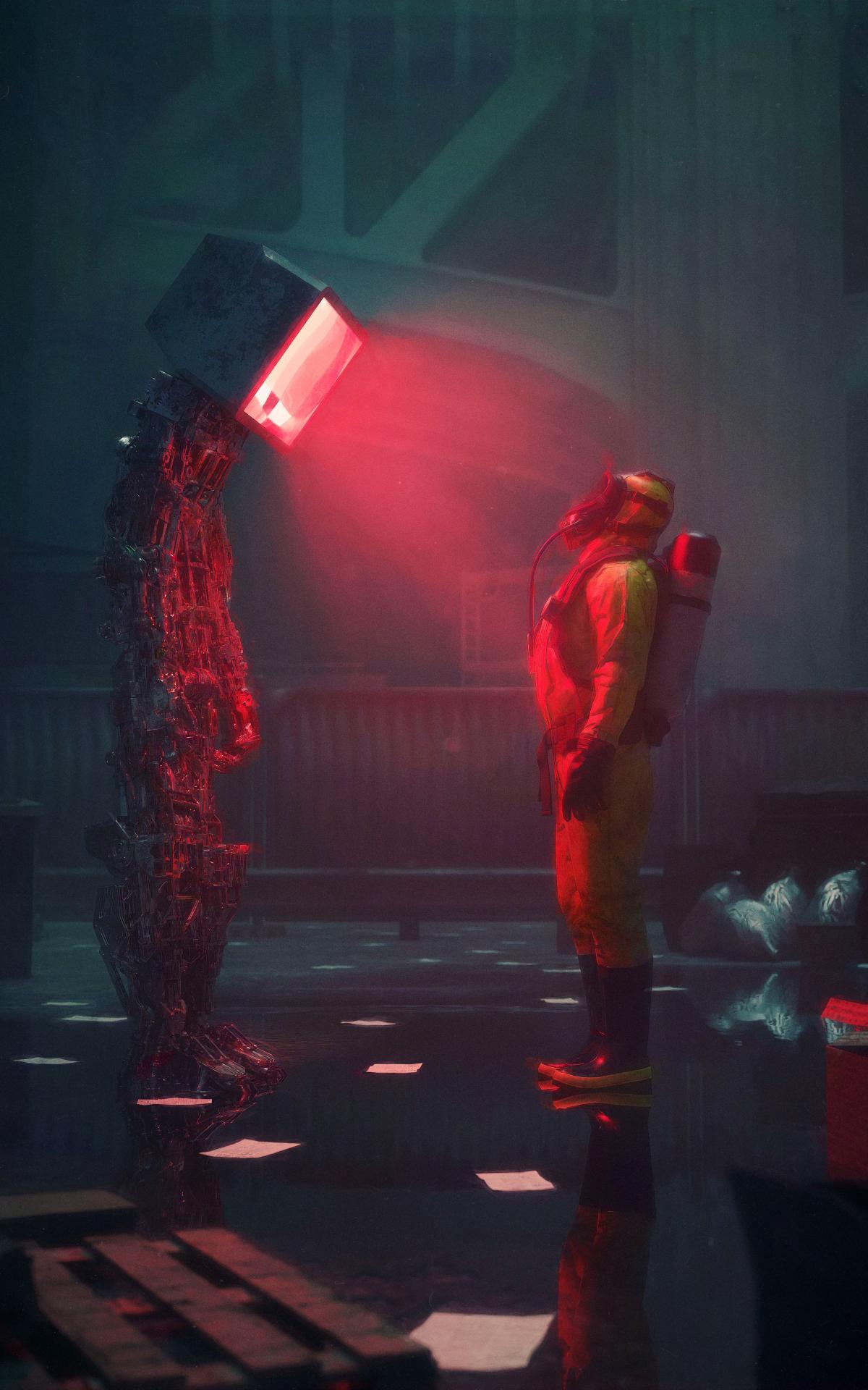 Man Suit Protection Robot Screen Apocalypse