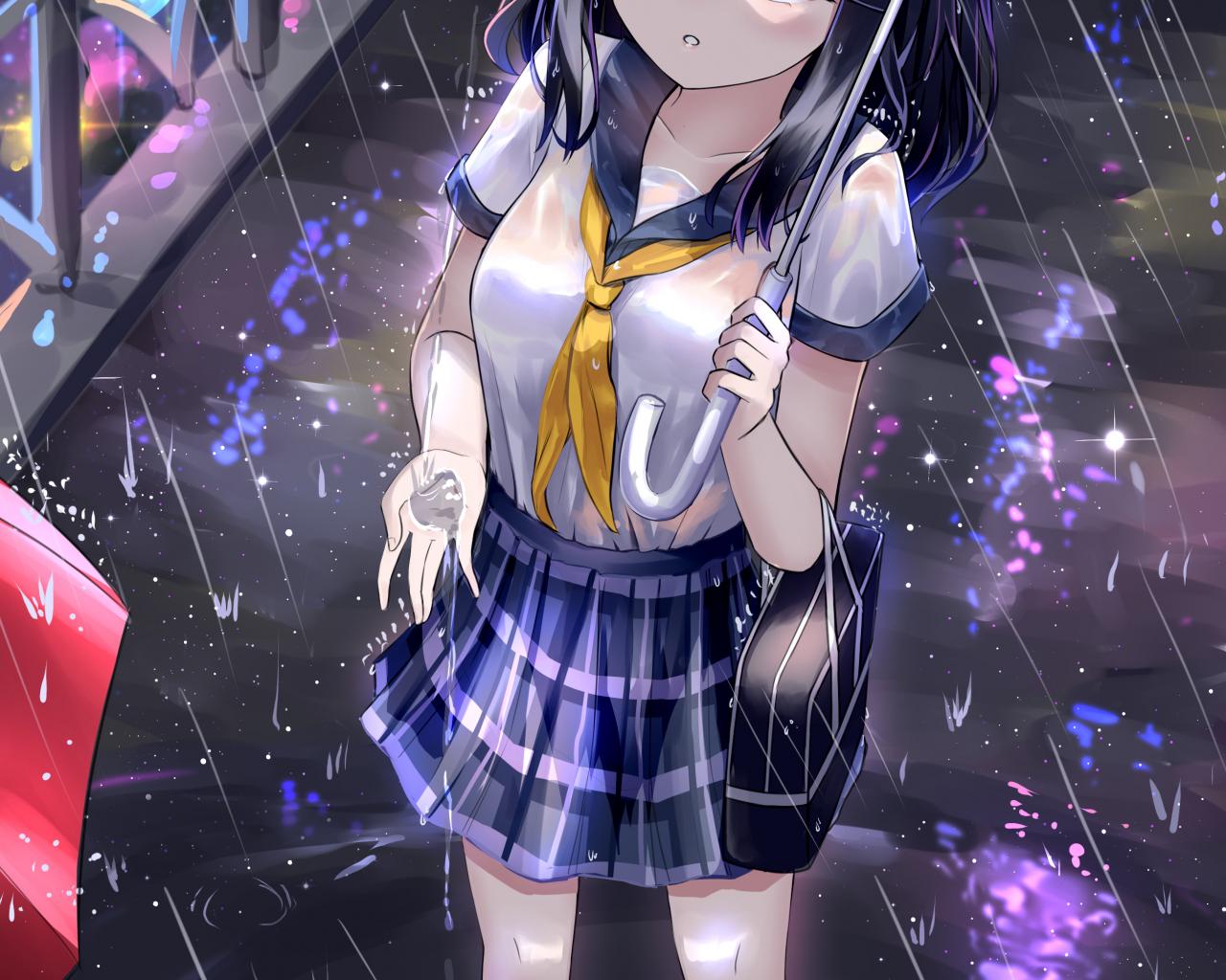 Girl Schoolgirl Umbrella Rain Anime