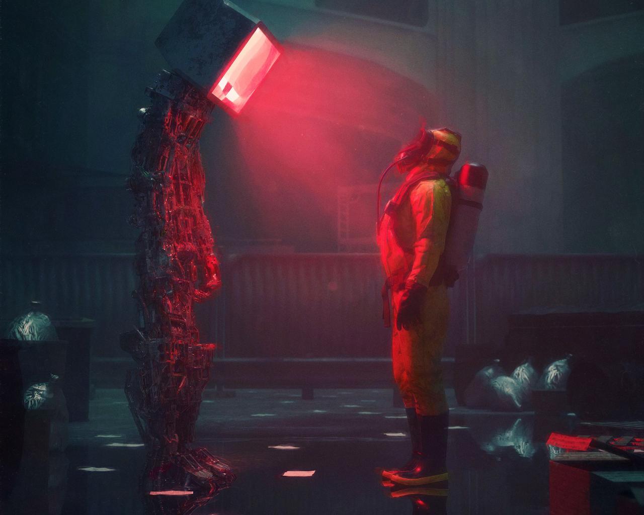 Man Suit Protection Robot Screen Apocalypse