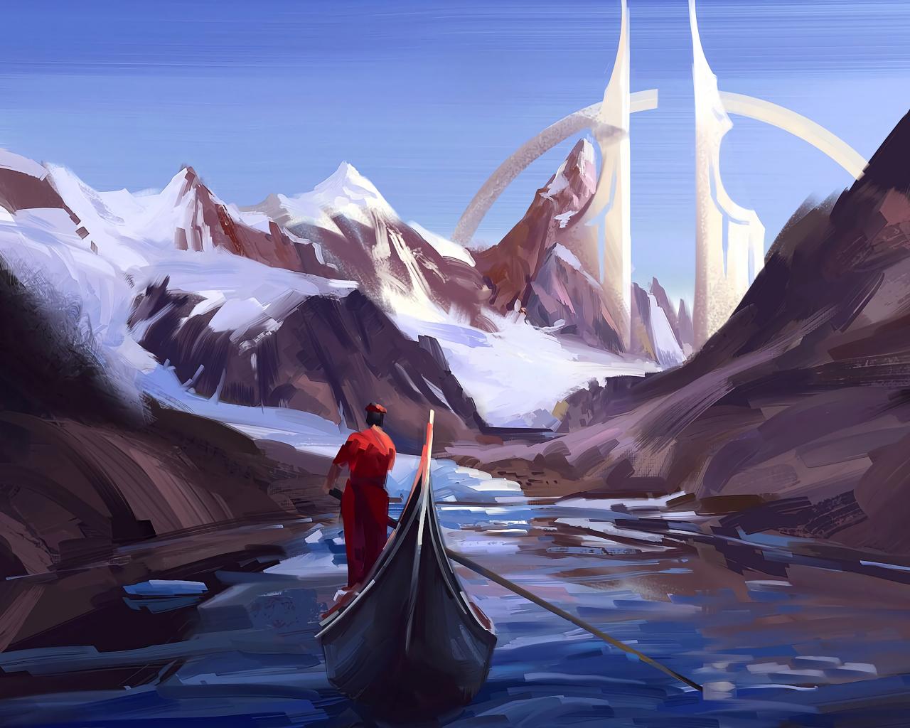 Silhouette Boat River Mountains Art