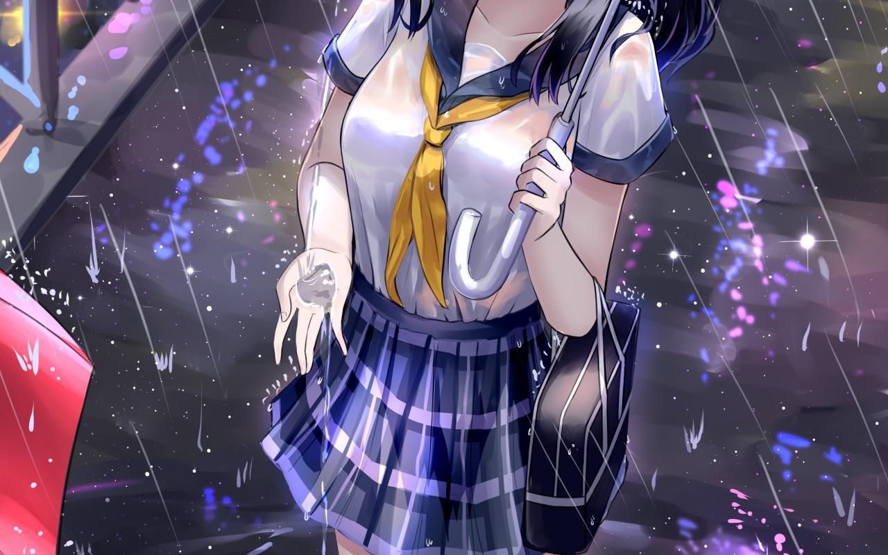 Girl Schoolgirl Umbrella Rain Anime