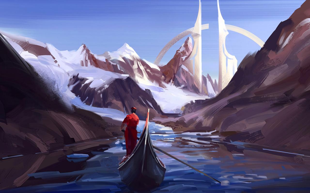 Silhouette Boat River Mountains Art
