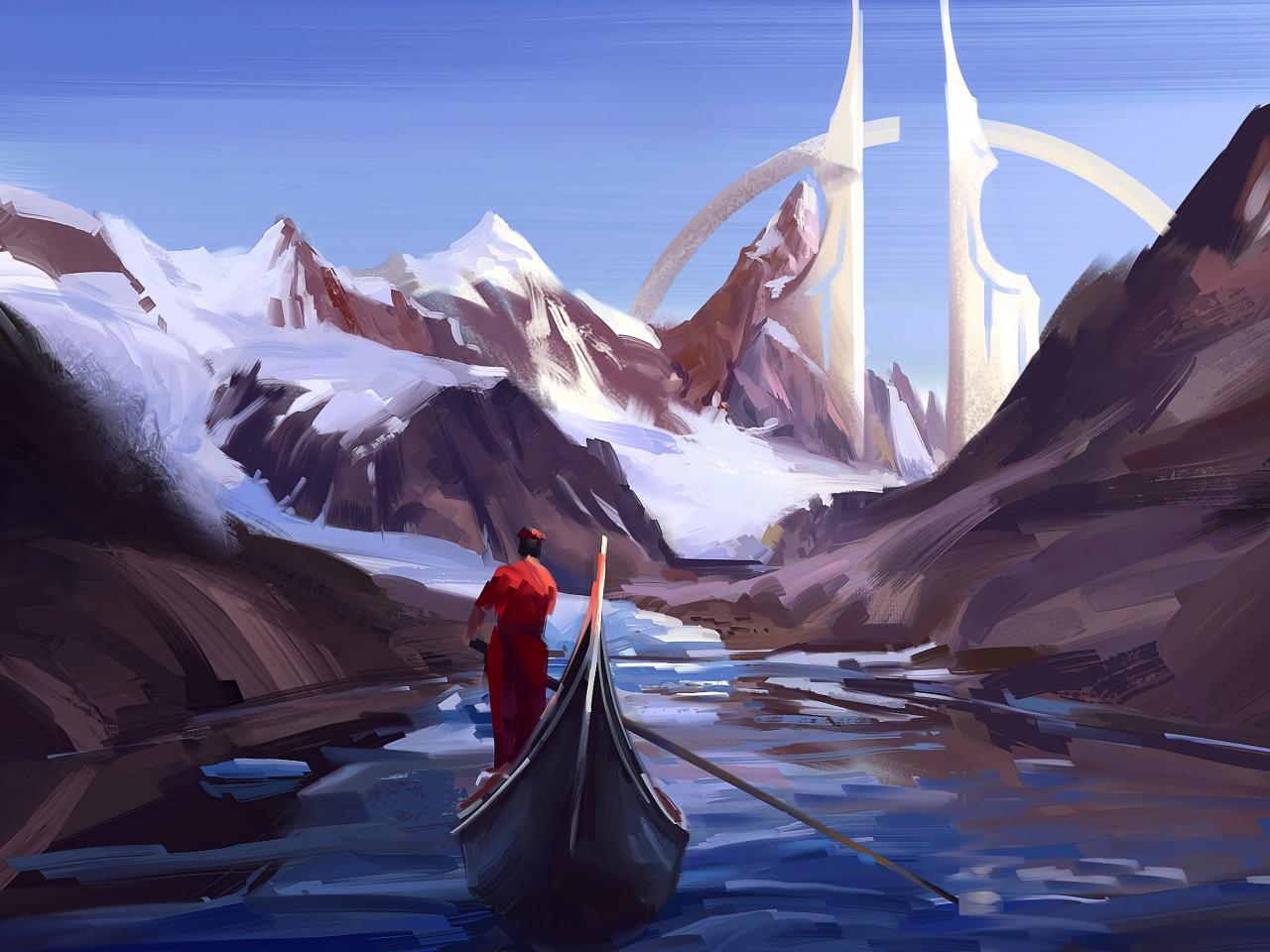 Silhouette Boat River Mountains Art