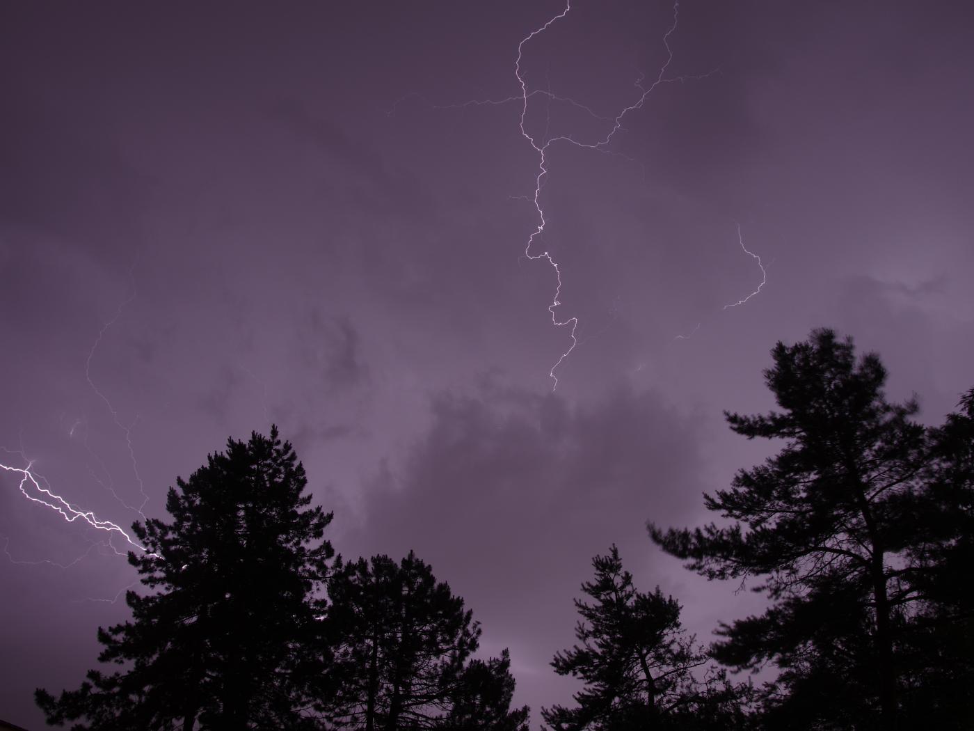 Trees Silhouettes Thunderstorm Lightning Dark