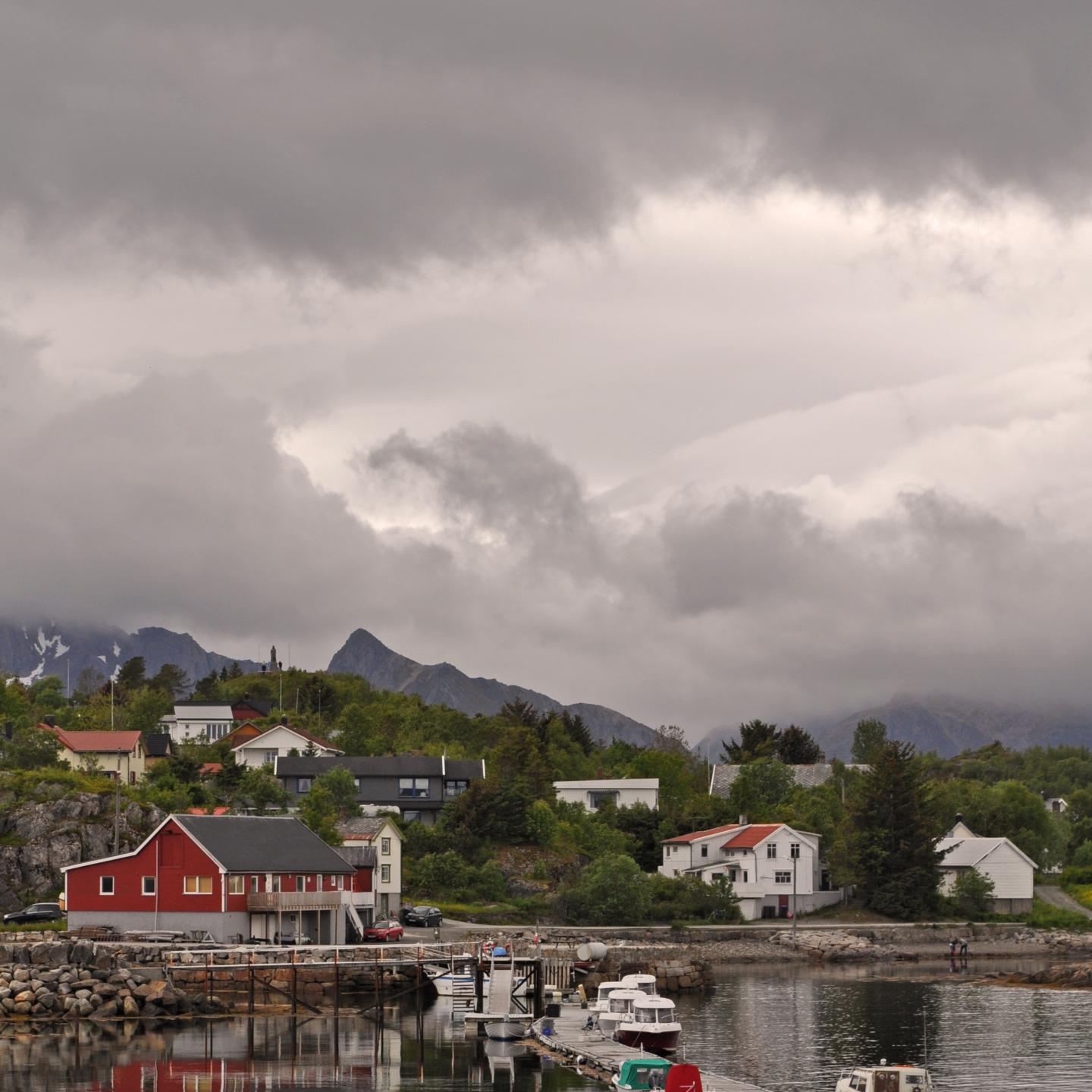 Mountains Village Houses Pier Boats Nature