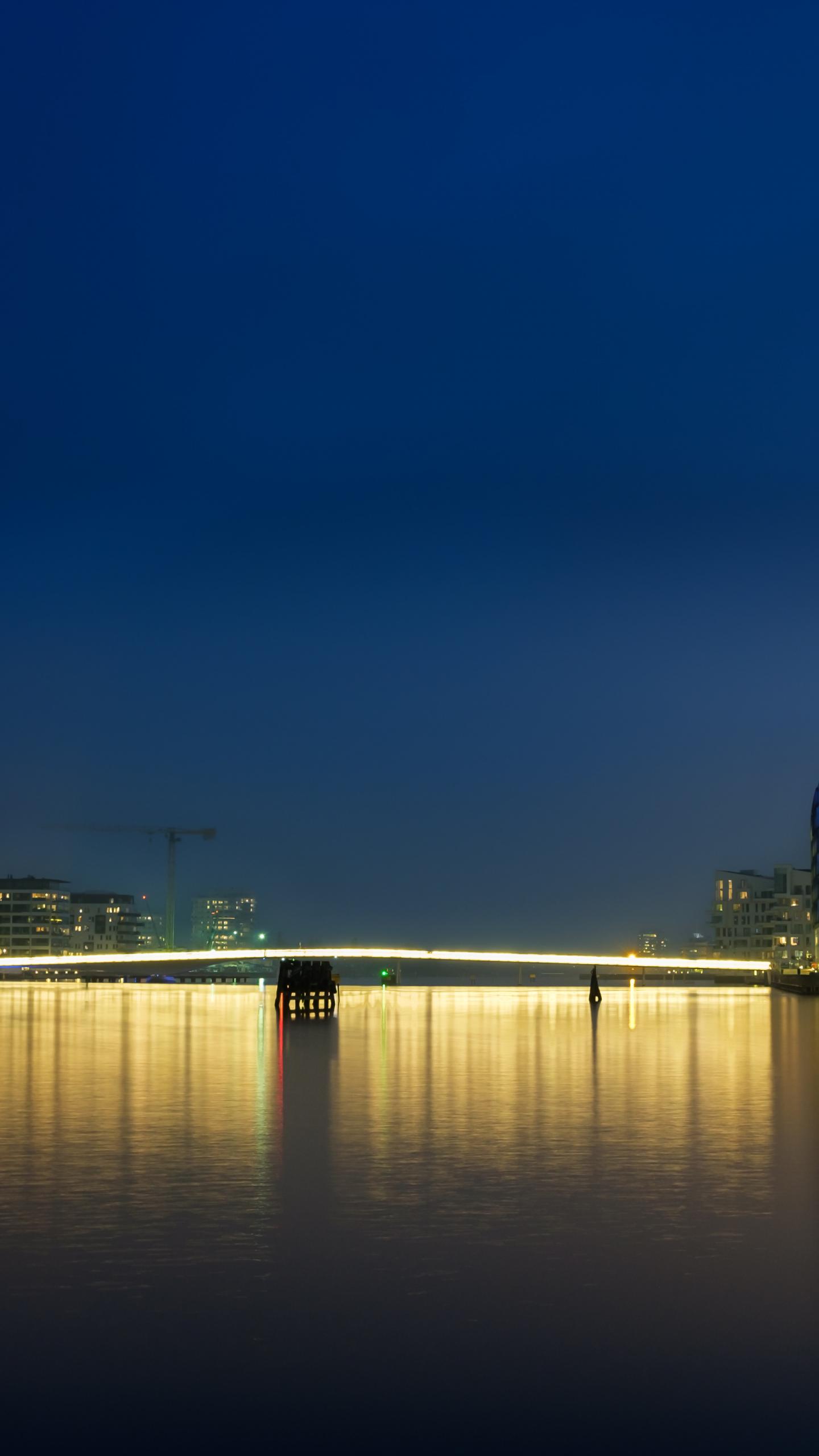 City Buildings Pier Lights Water Reflection