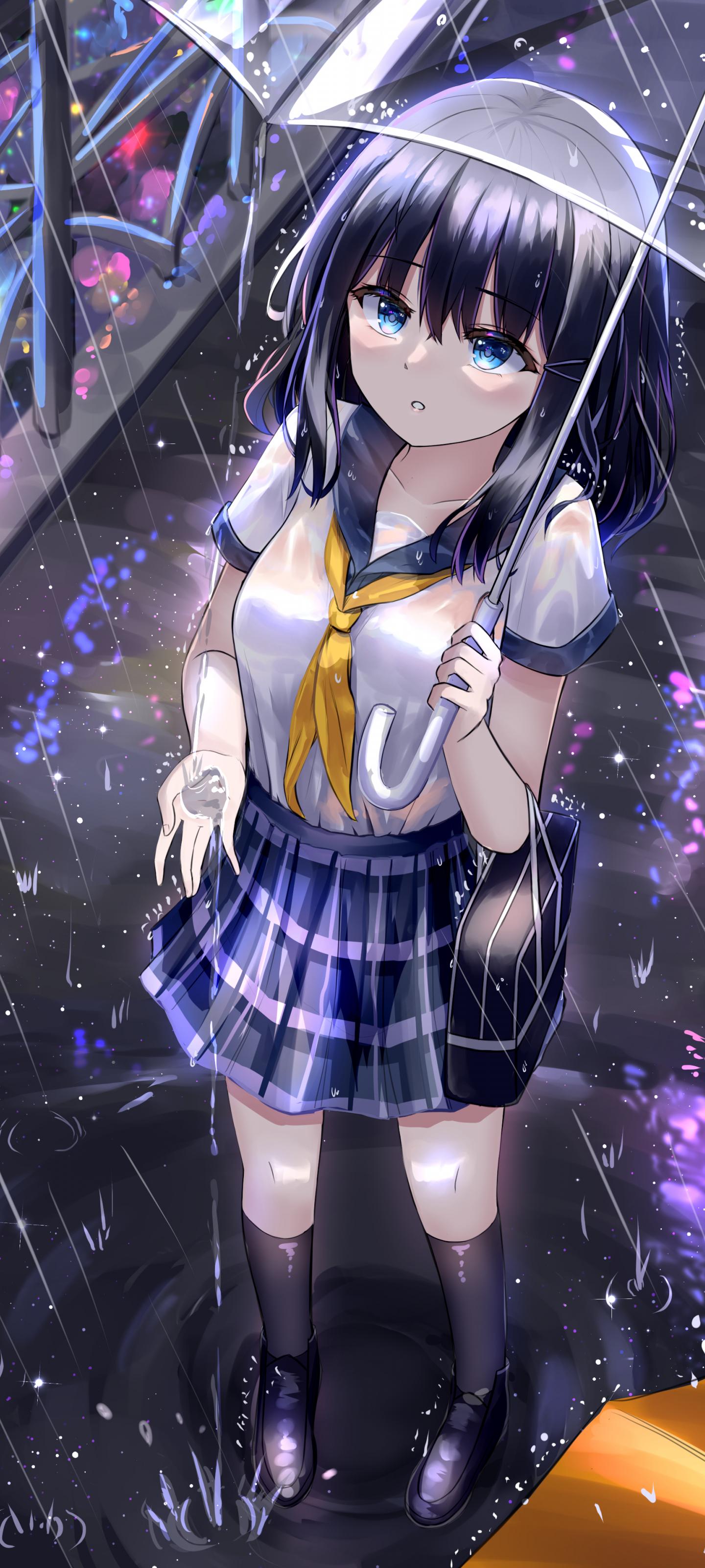 Girl Schoolgirl Umbrella Rain Anime
