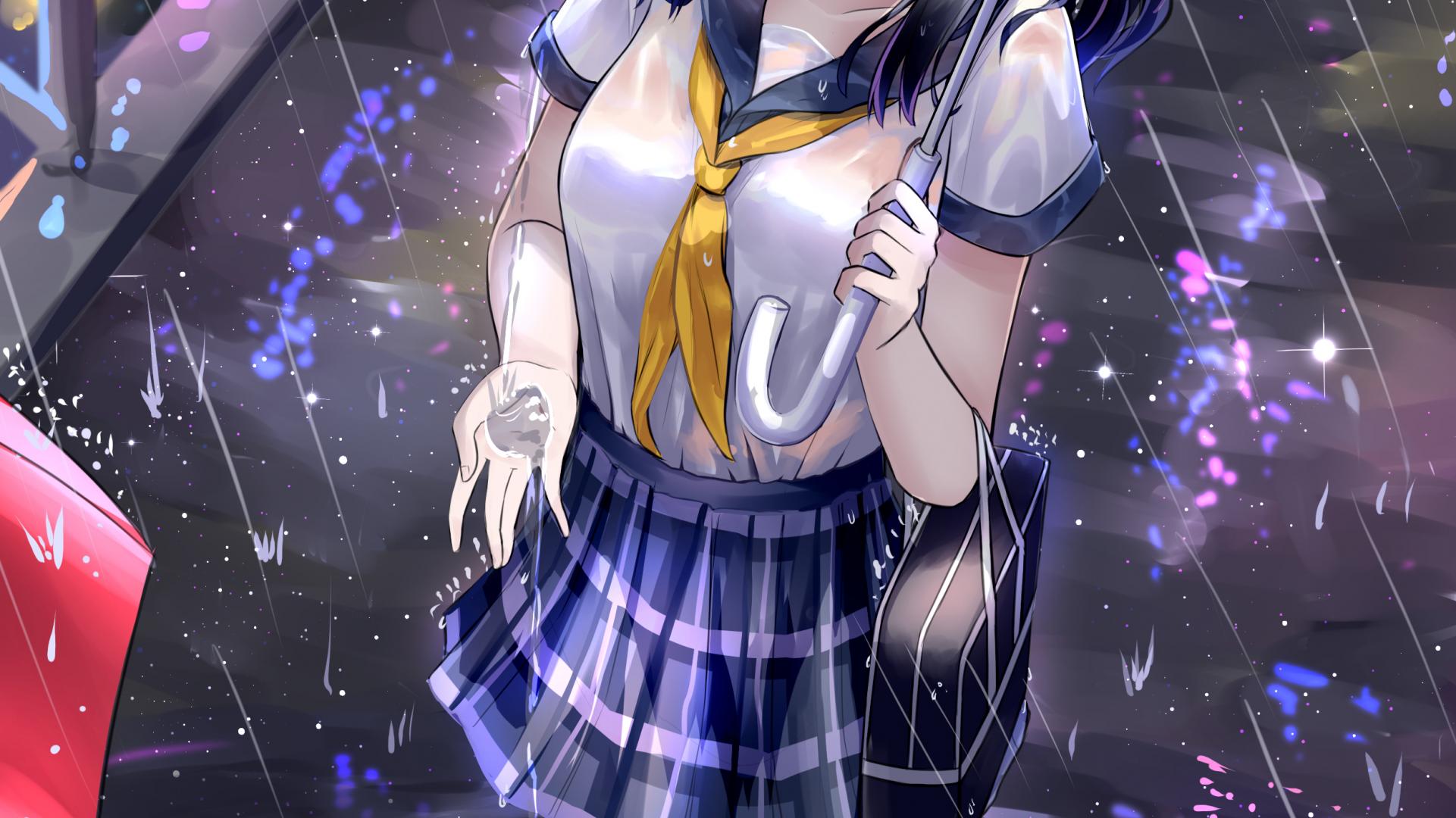 Girl Schoolgirl Umbrella Rain Anime