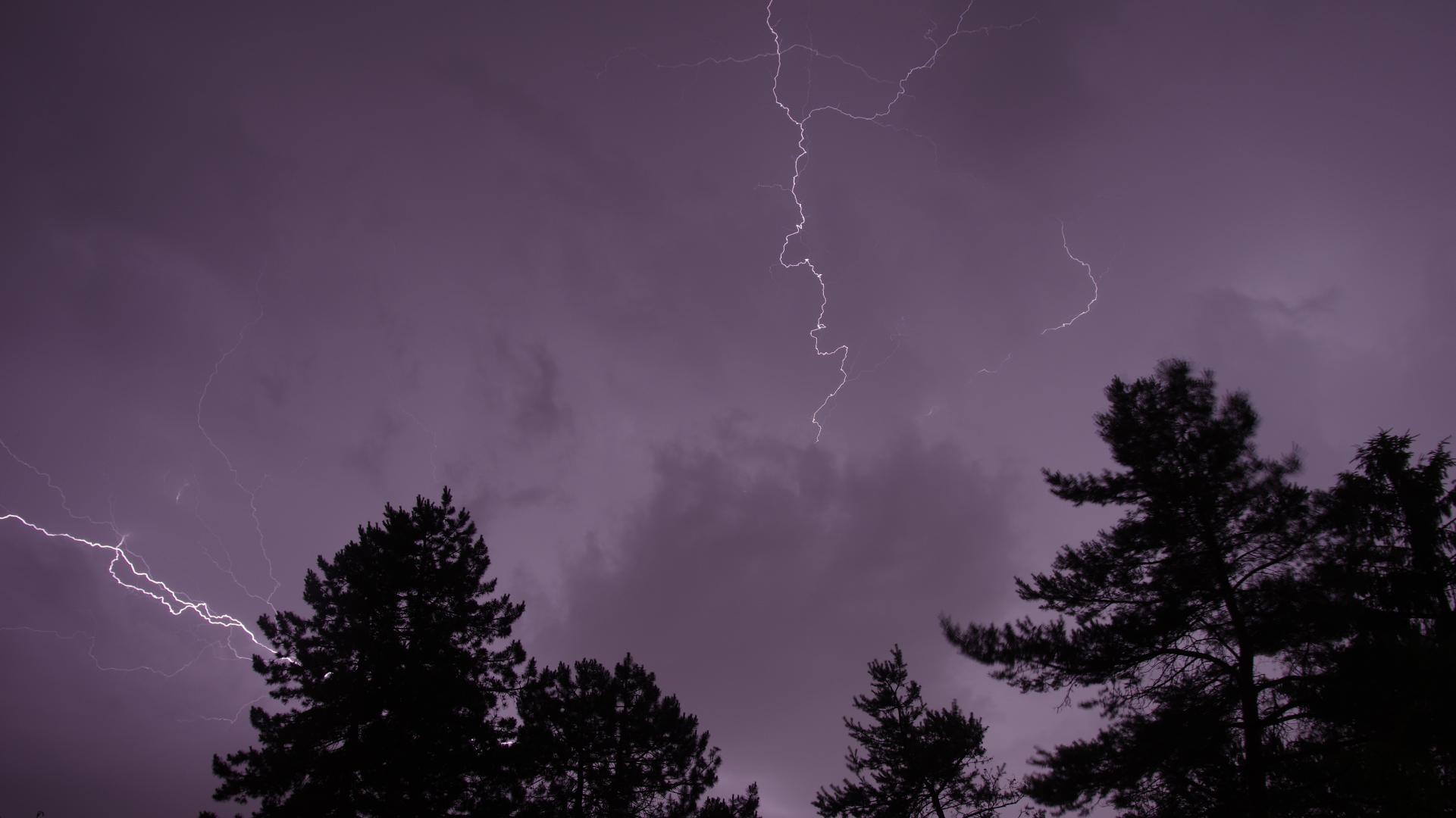 Trees Silhouettes Thunderstorm Lightning Dark