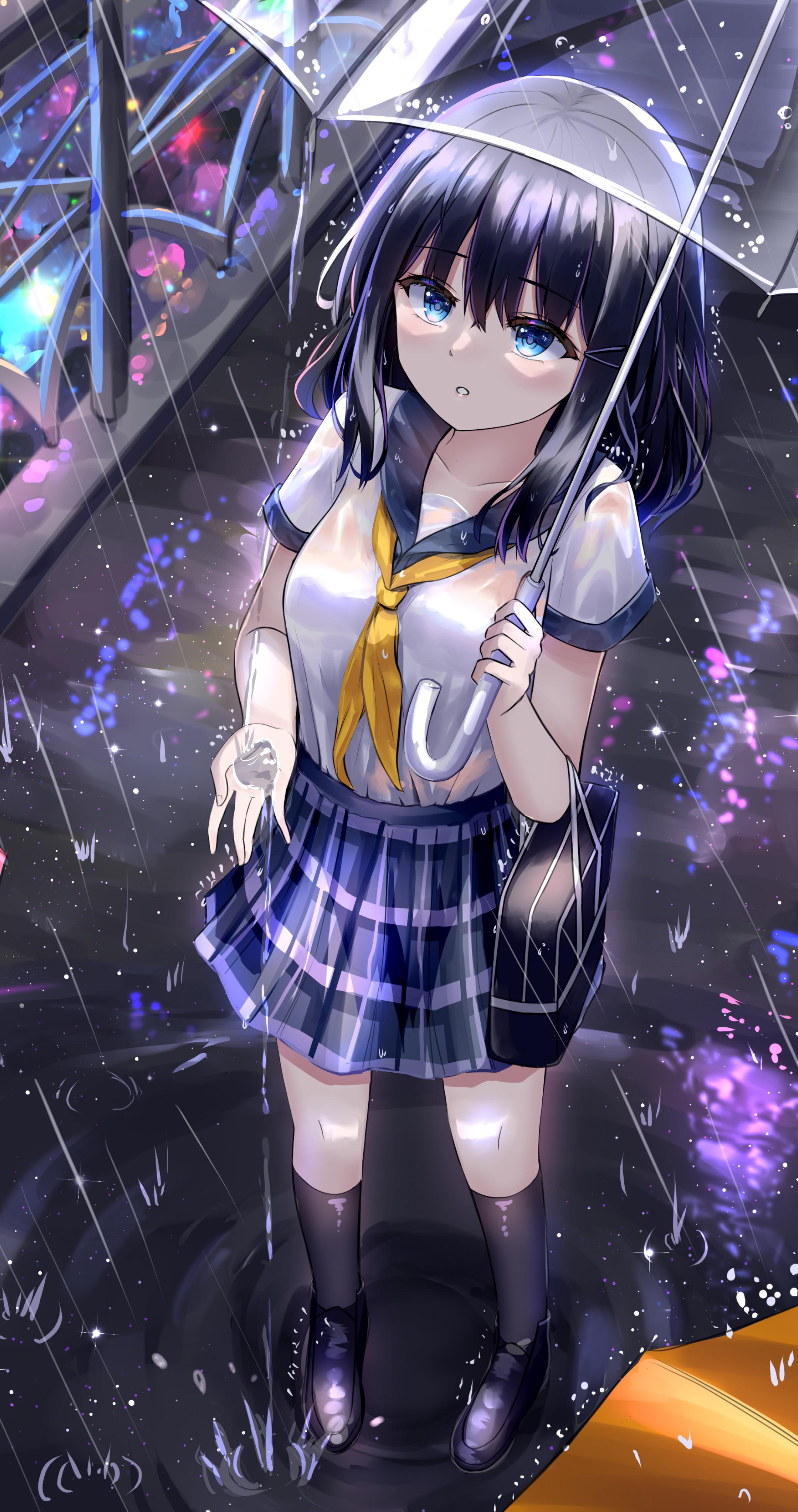 Girl Schoolgirl Umbrella Rain Anime