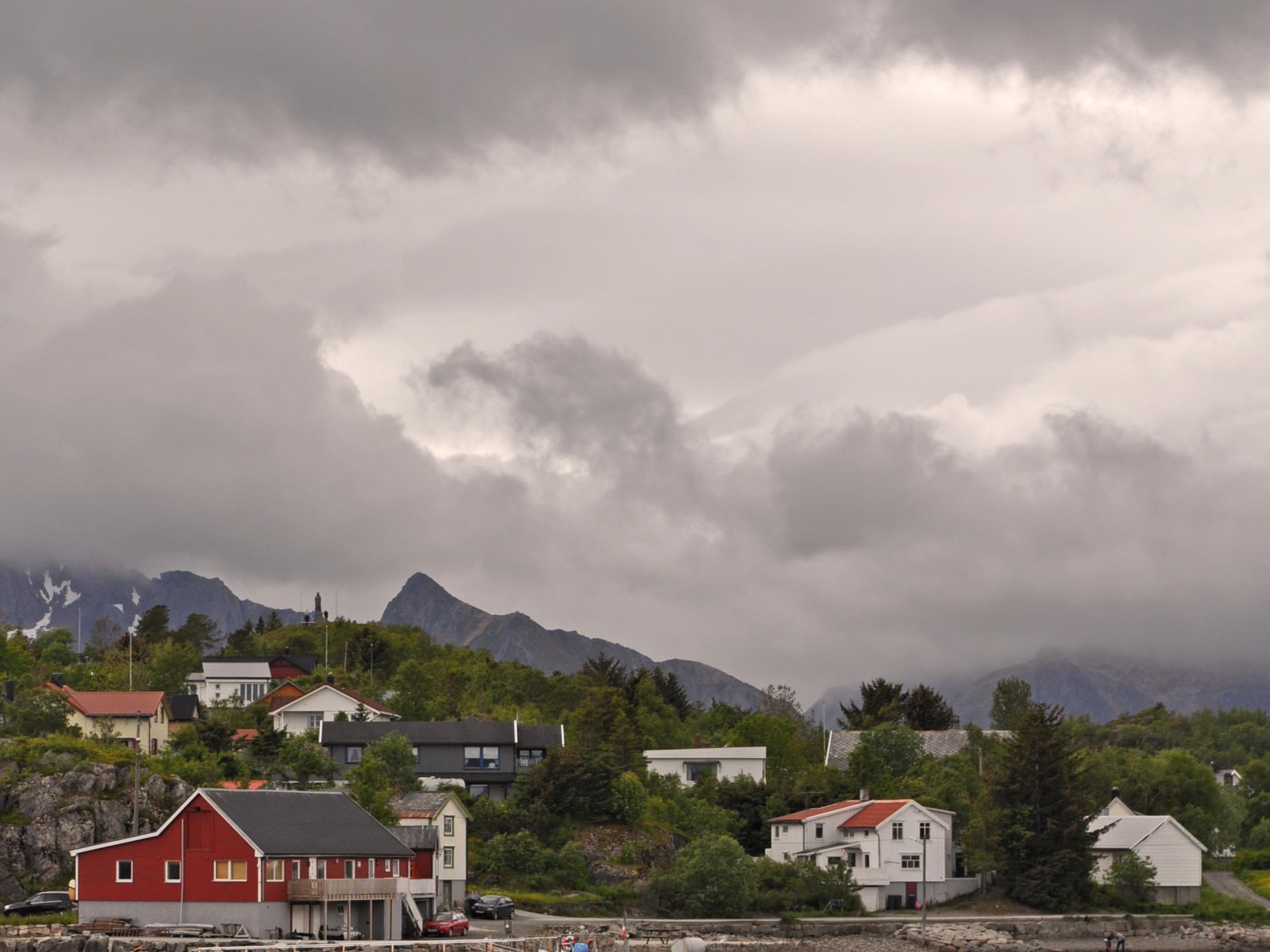 Mountains Village Houses Pier Boats Nature