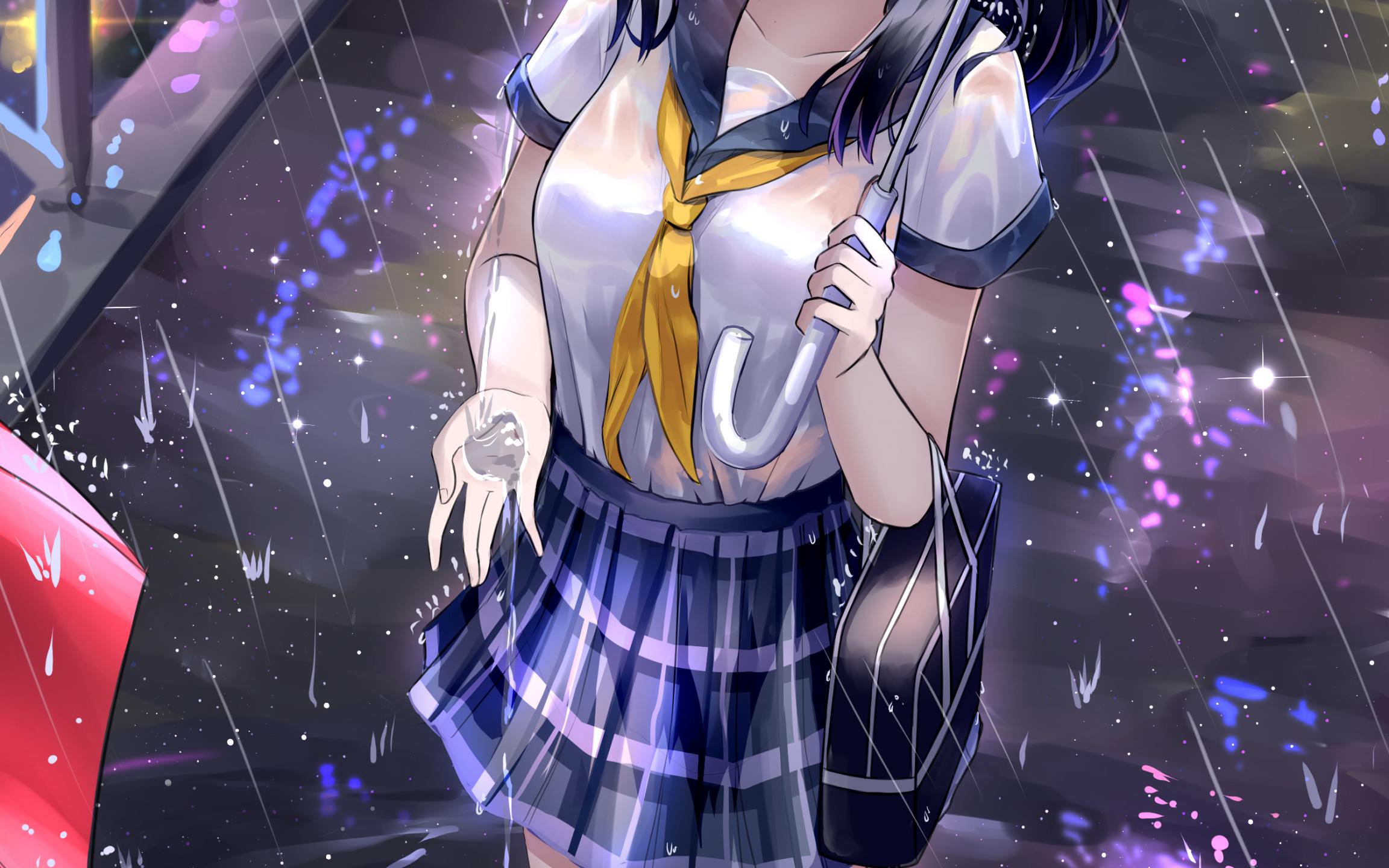 Girl Schoolgirl Umbrella Rain Anime