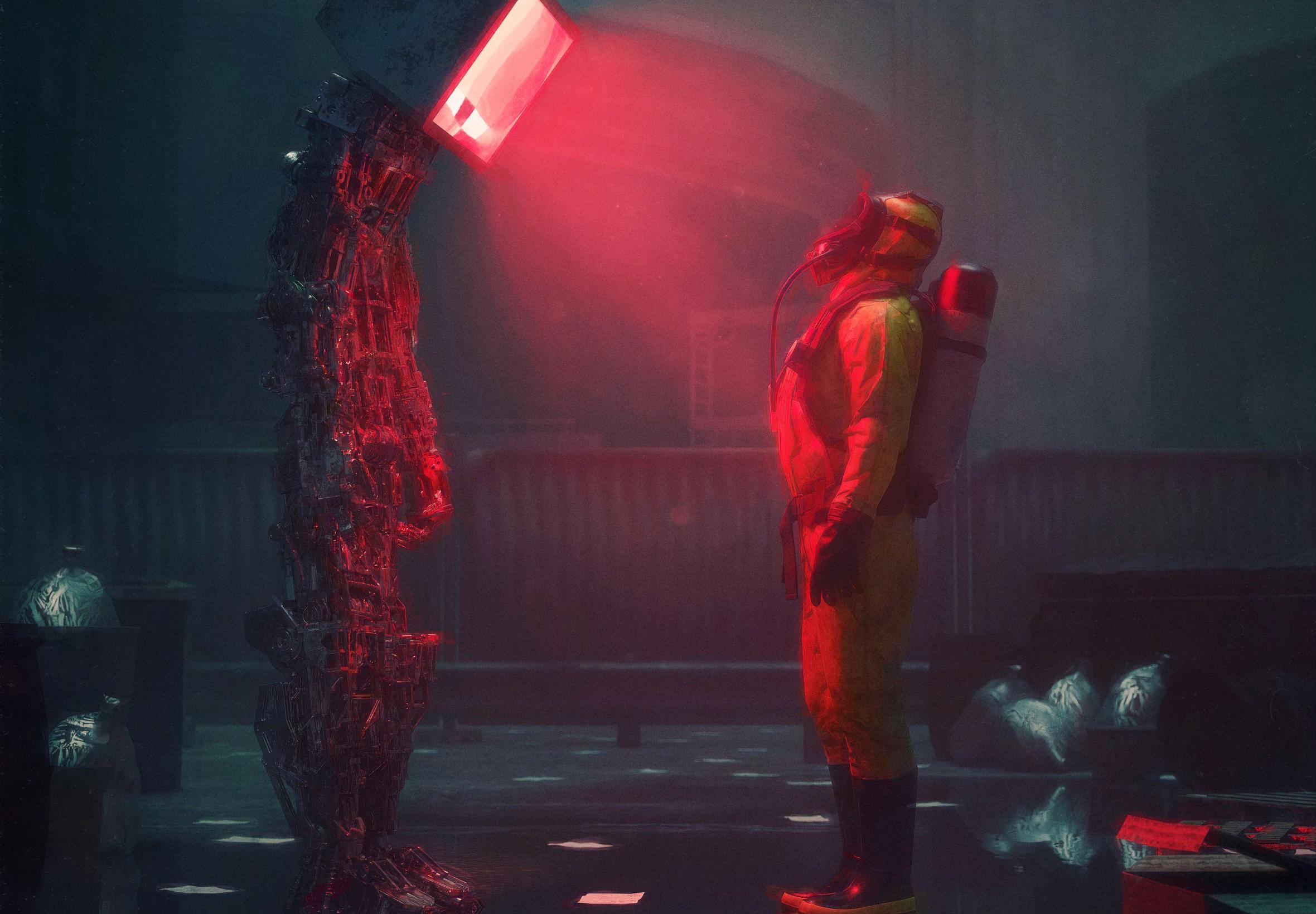 Man Suit Protection Robot Screen Apocalypse