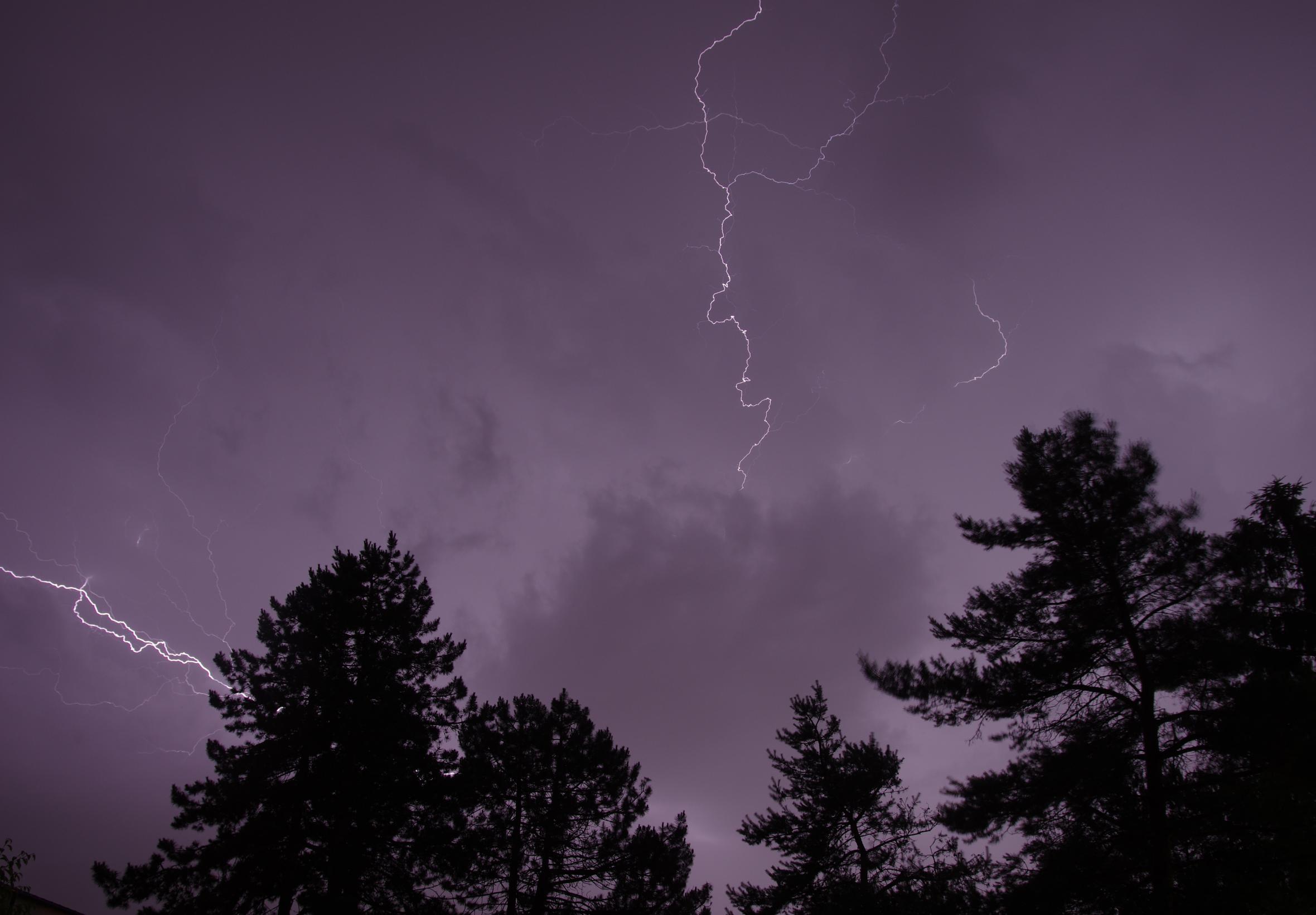 Trees Silhouettes Thunderstorm Lightning Dark