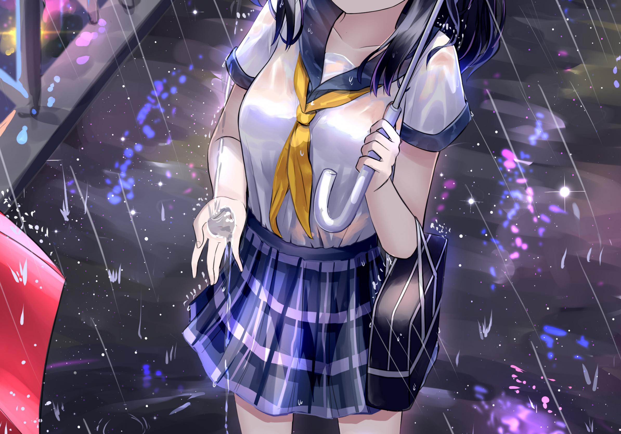 Girl Schoolgirl Umbrella Rain Anime