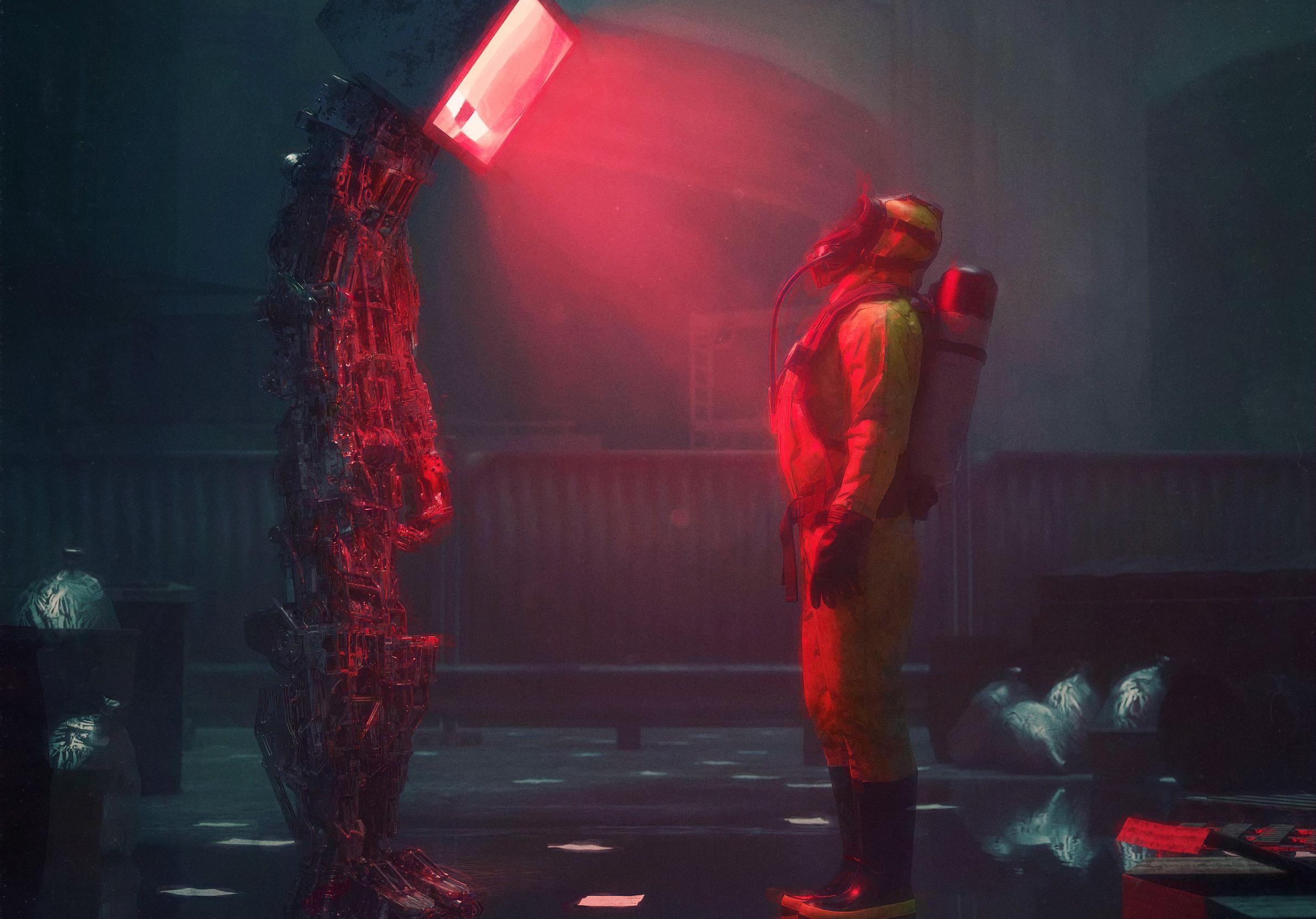 Man Suit Protection Robot Screen Apocalypse