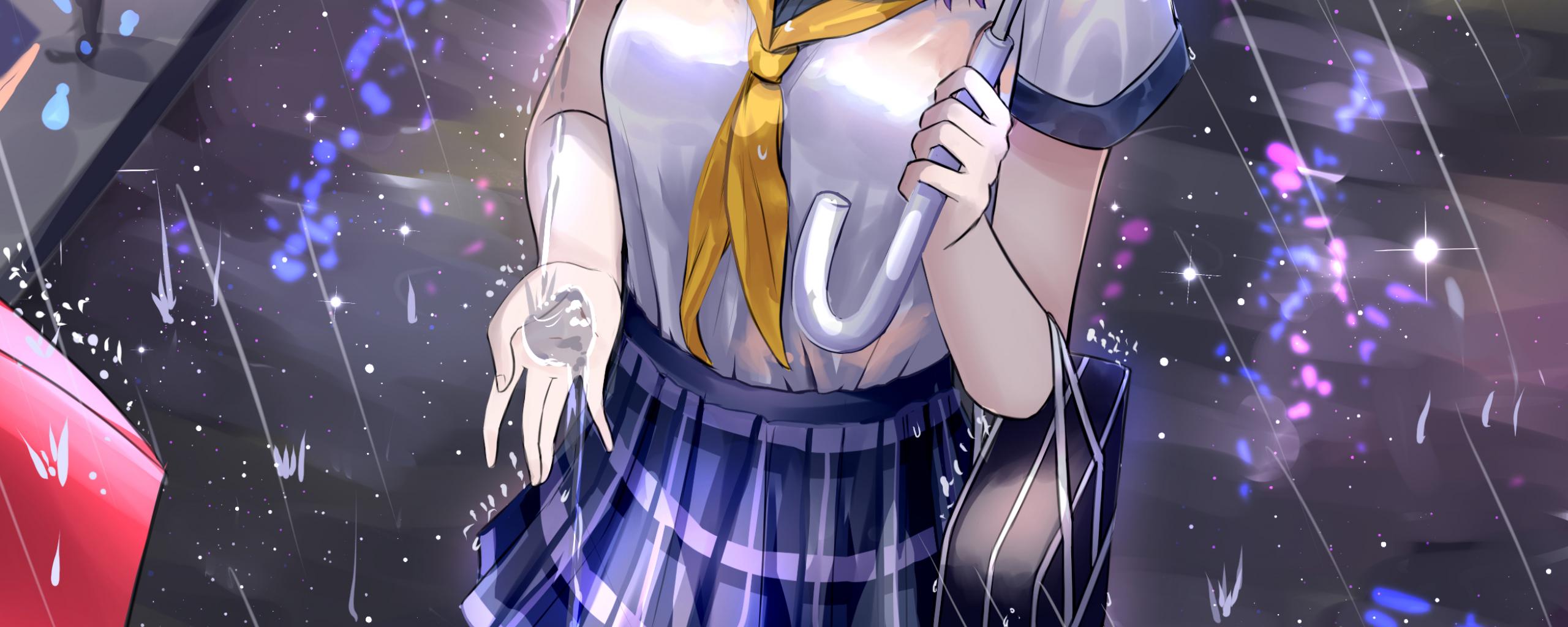 Girl Schoolgirl Umbrella Rain Anime