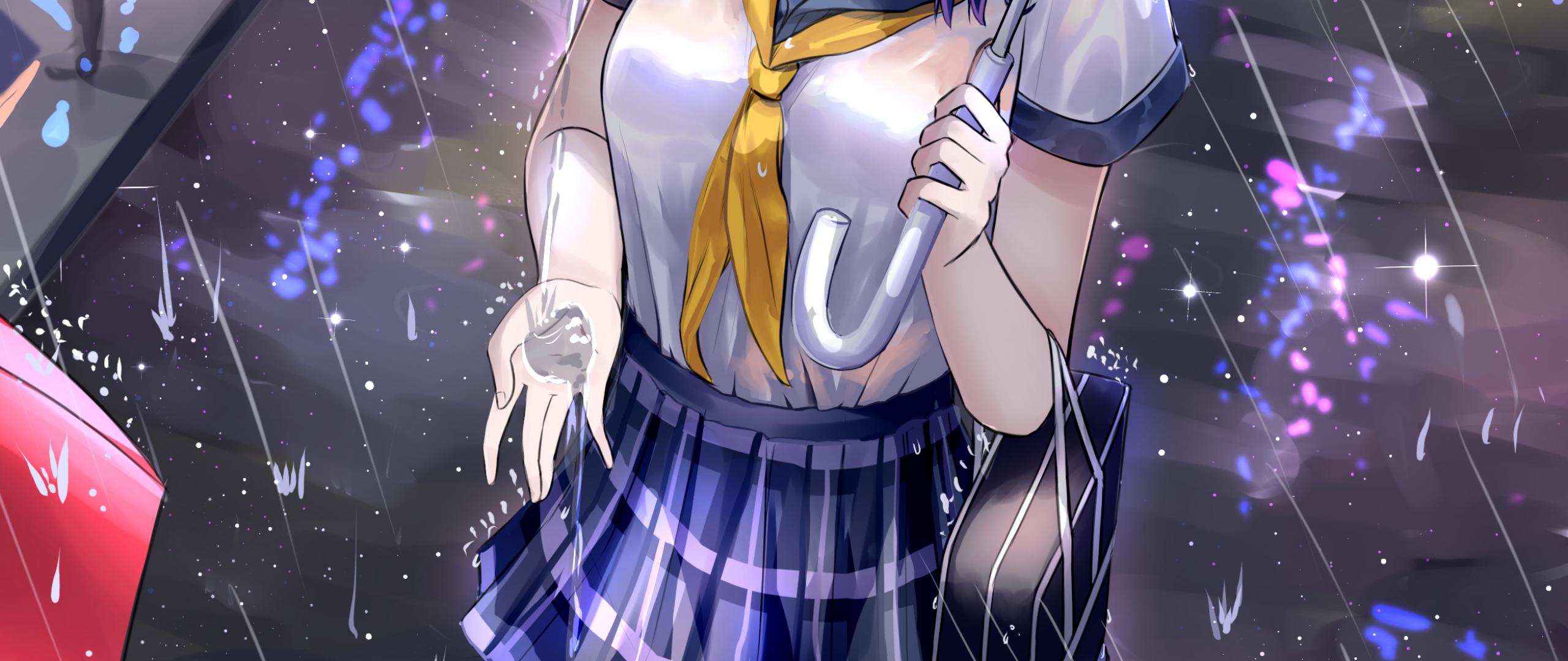 Girl Schoolgirl Umbrella Rain Anime