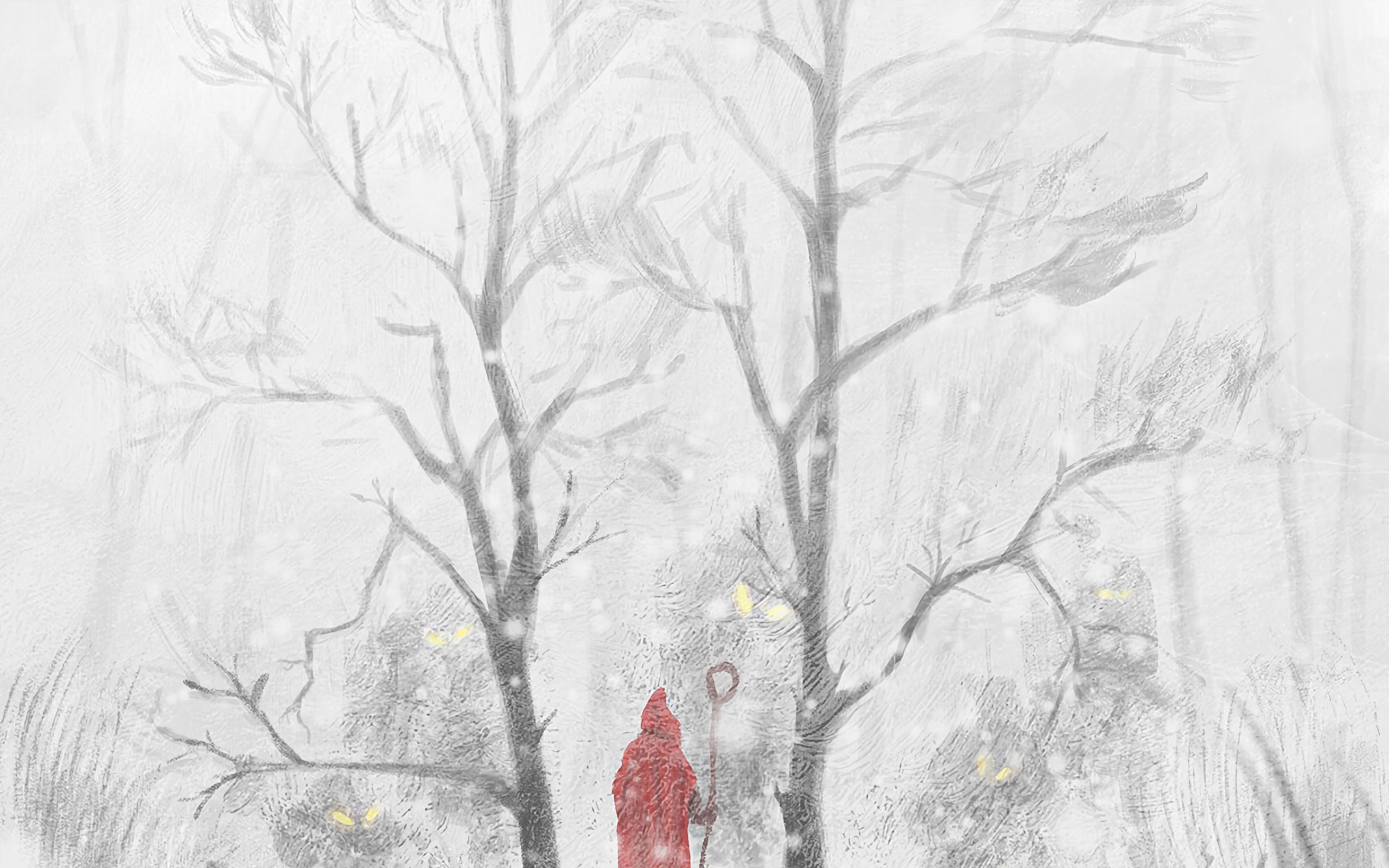 Silhouette Cloak Staff Forest Snow Winter Art
