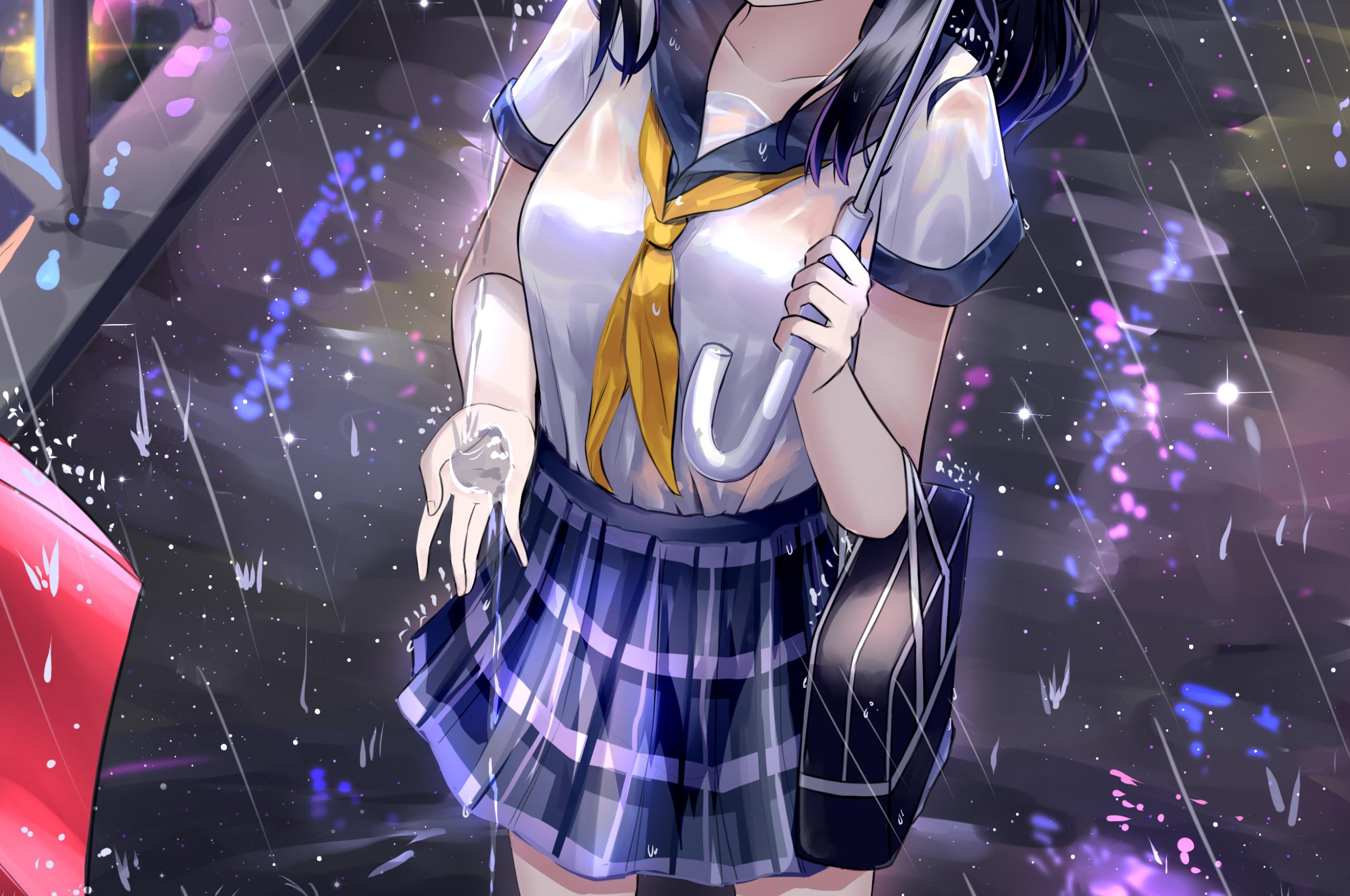 Girl Schoolgirl Umbrella Rain Anime