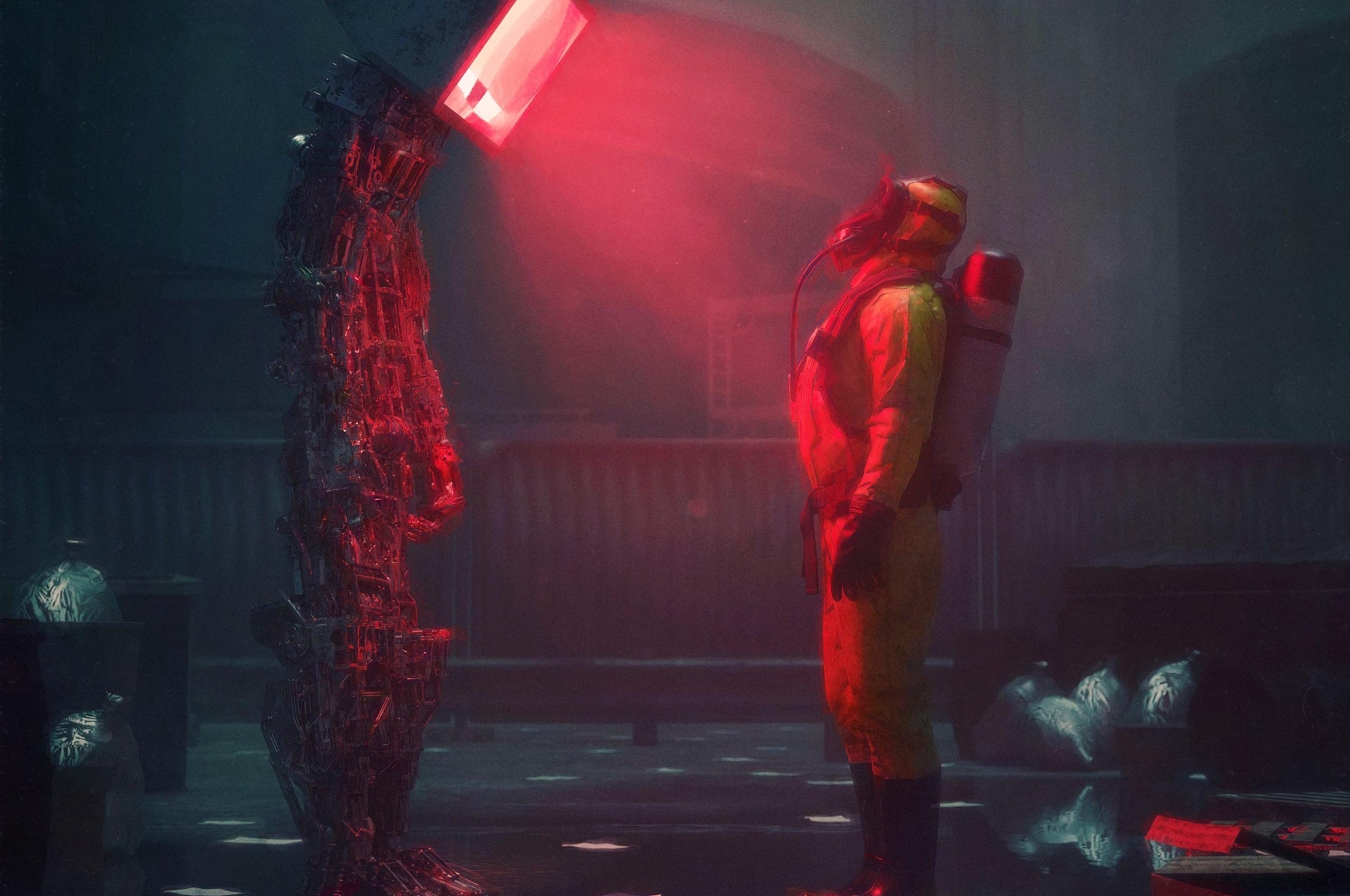 Man Suit Protection Robot Screen Apocalypse