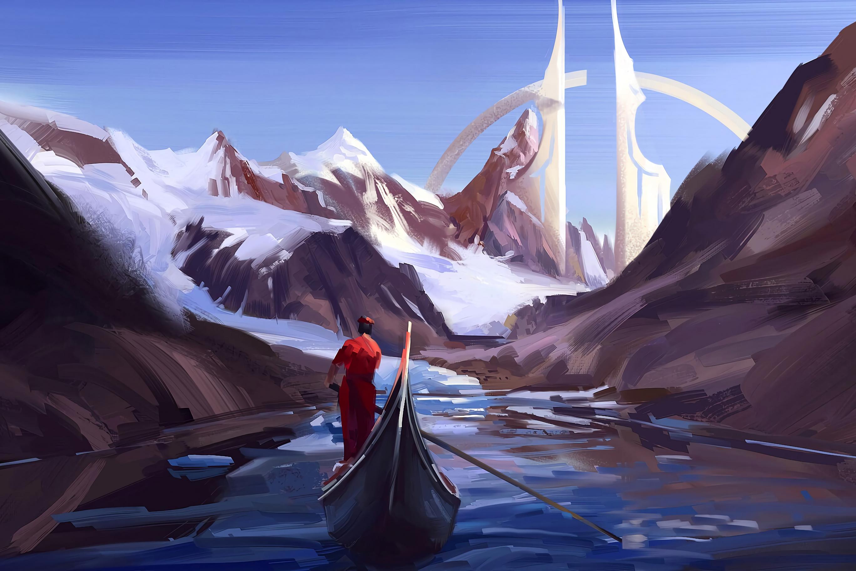Silhouette Boat River Mountains Art
