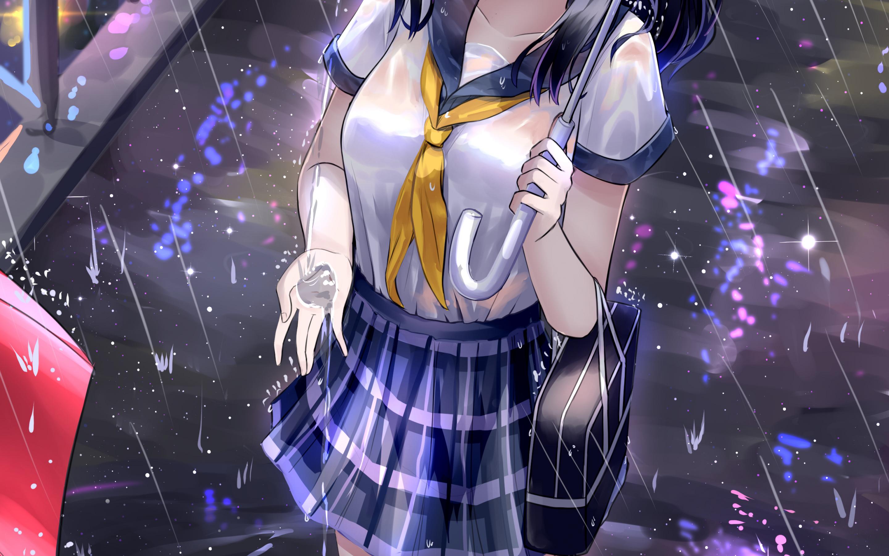 Girl Schoolgirl Umbrella Rain Anime
