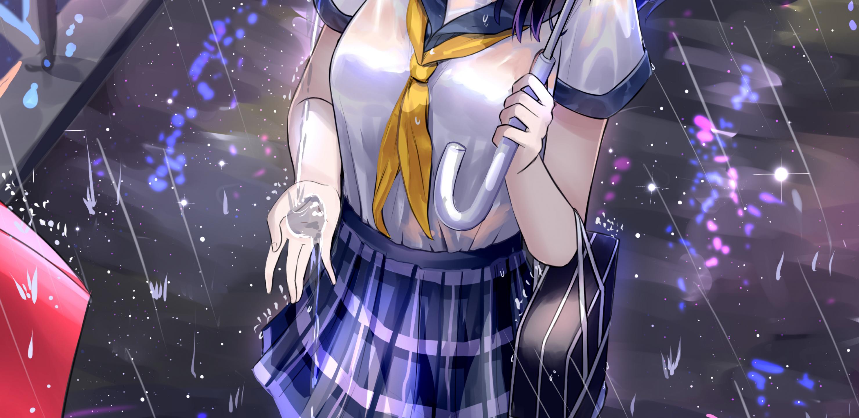 Girl Schoolgirl Umbrella Rain Anime