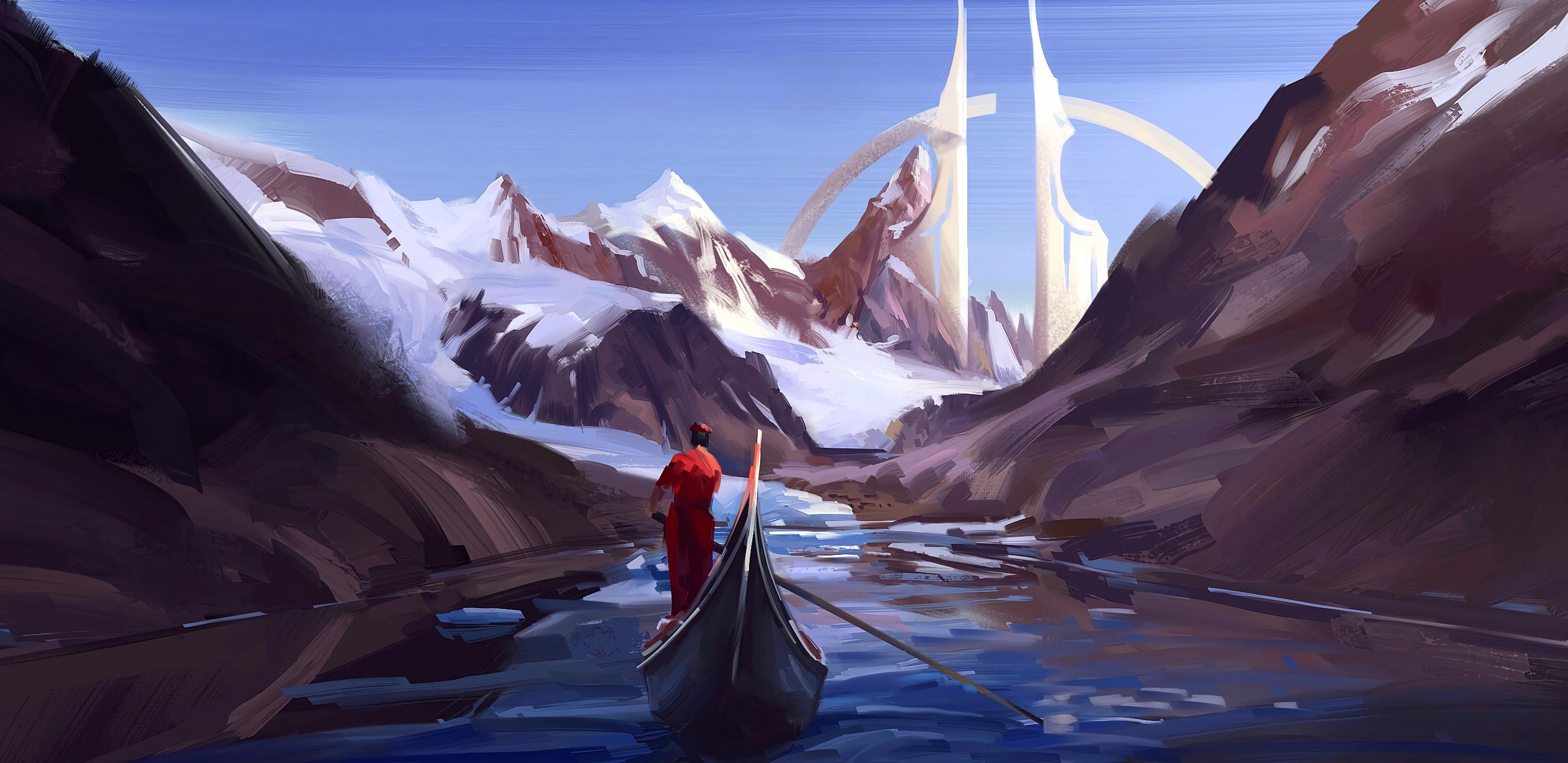 Silhouette Boat River Mountains Art