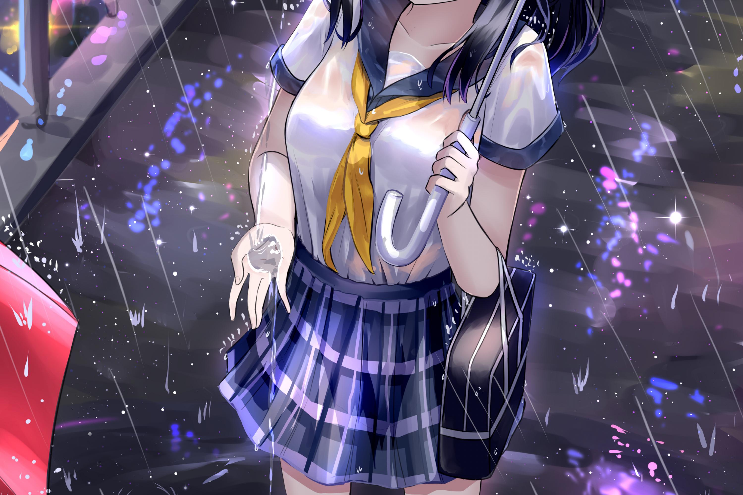 Girl Schoolgirl Umbrella Rain Anime