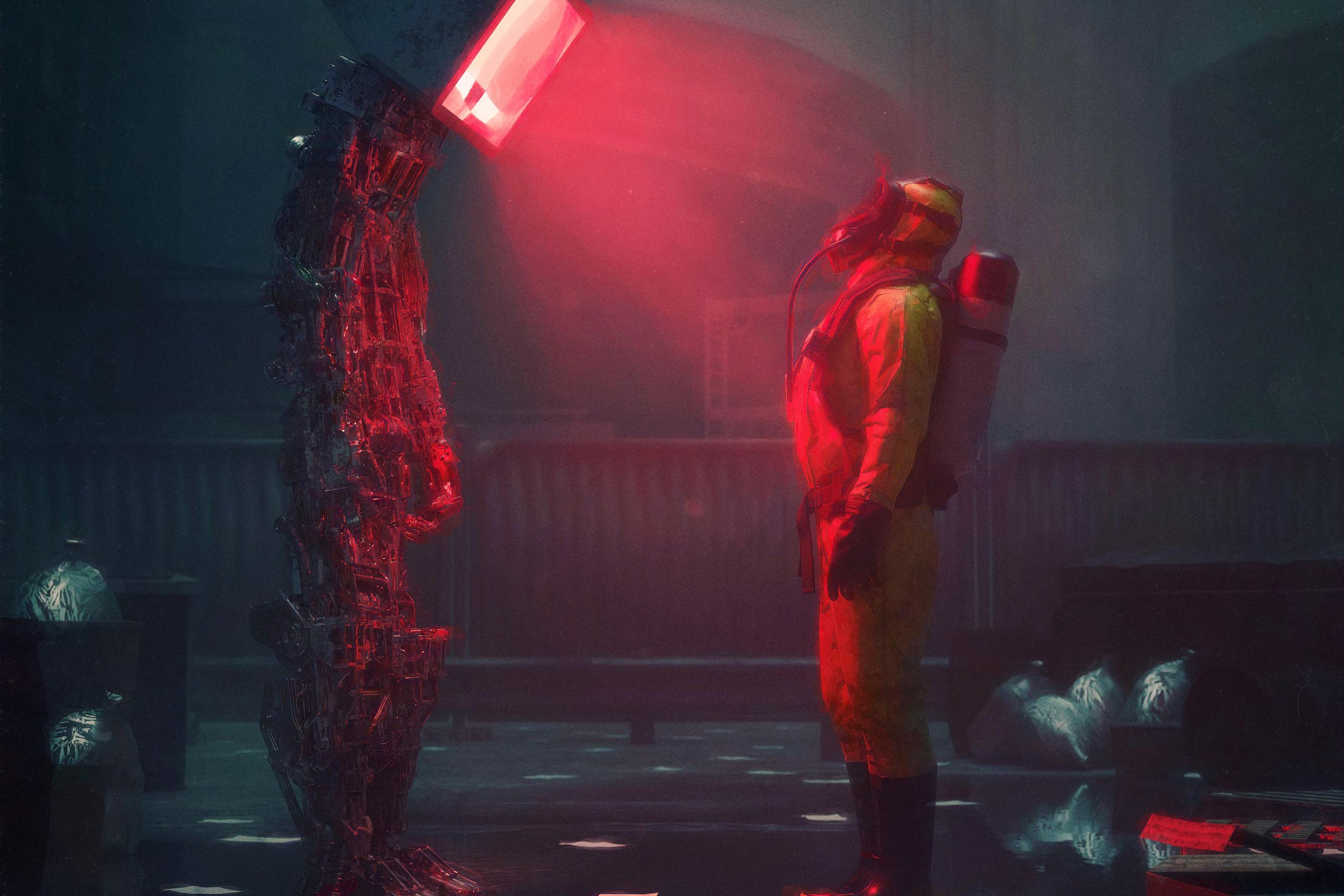 Man Suit Protection Robot Screen Apocalypse