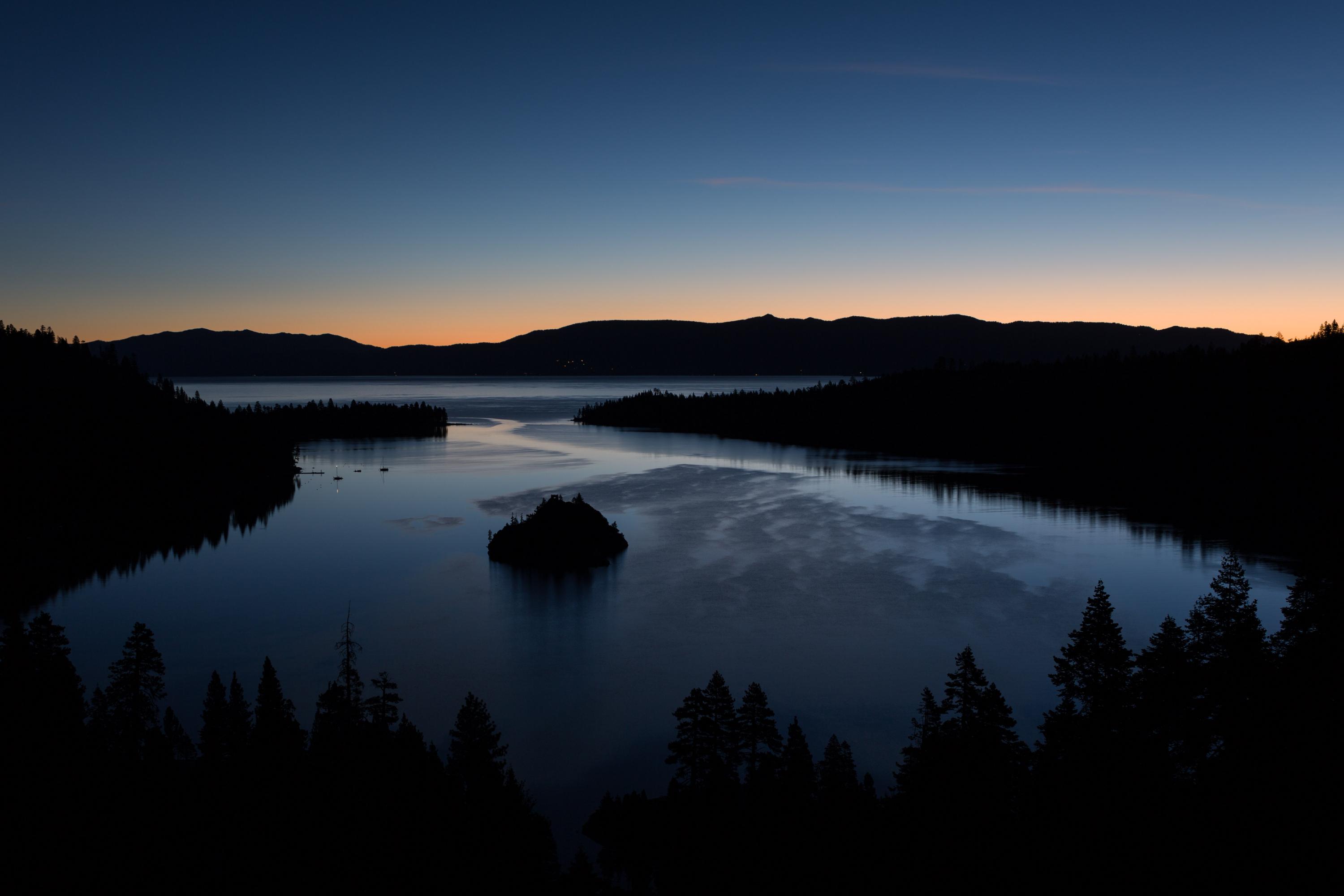 Trees Silhouettes Lake Twilight Dark
