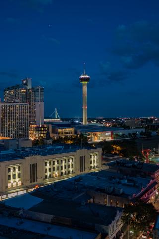 City Buildings Tower Lights Twilight Aerial-view