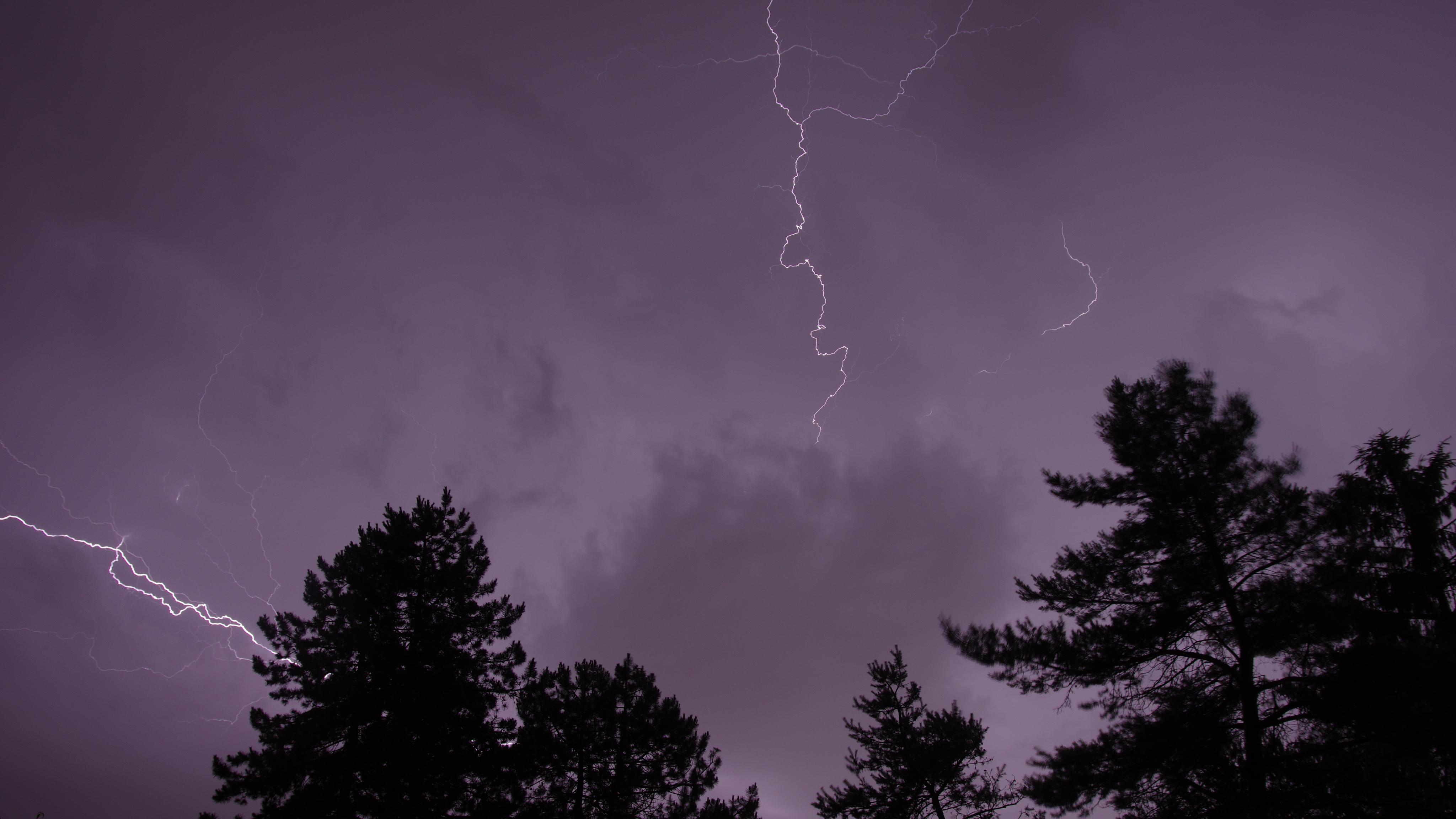 Trees Silhouettes Thunderstorm Lightning Dark