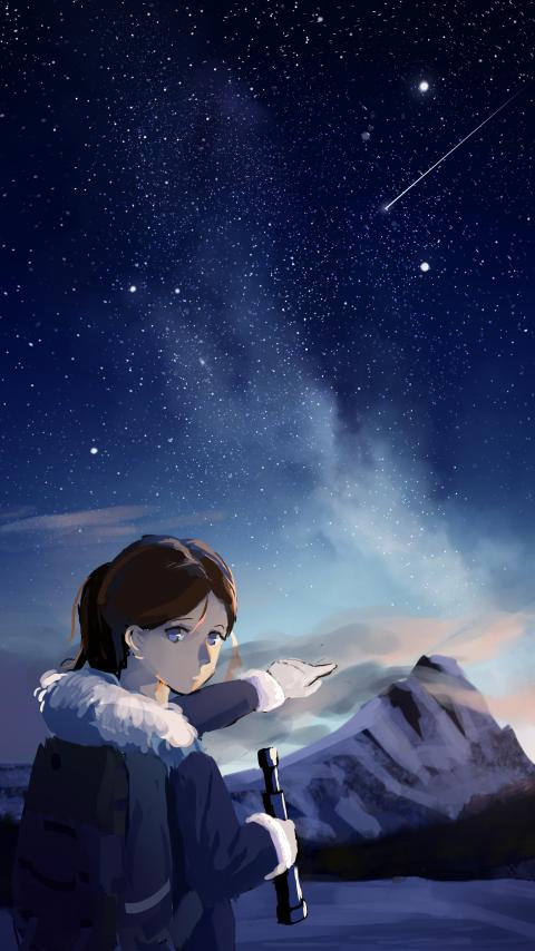 Girl Gesture Mountains Night Free Anime