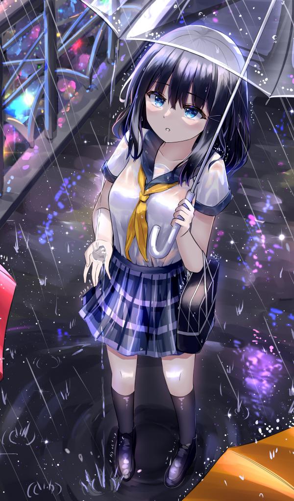 Girl Schoolgirl Umbrella Rain Anime