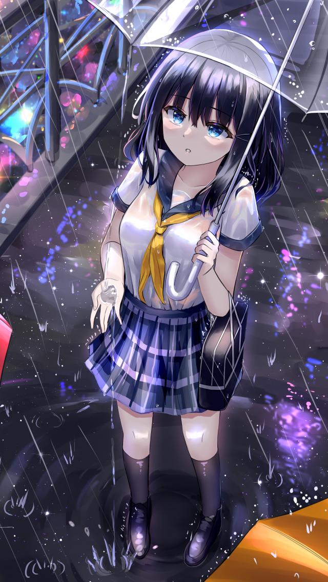 Girl Schoolgirl Umbrella Rain Anime