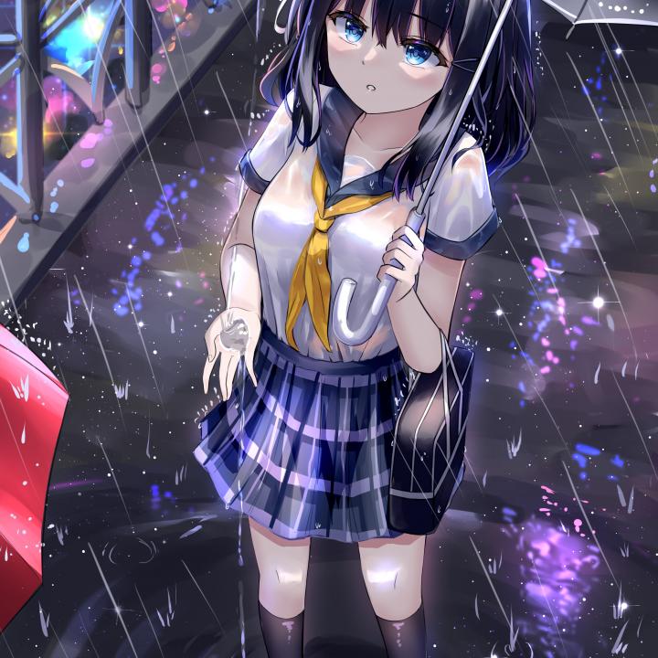 Girl Schoolgirl Umbrella Rain Anime