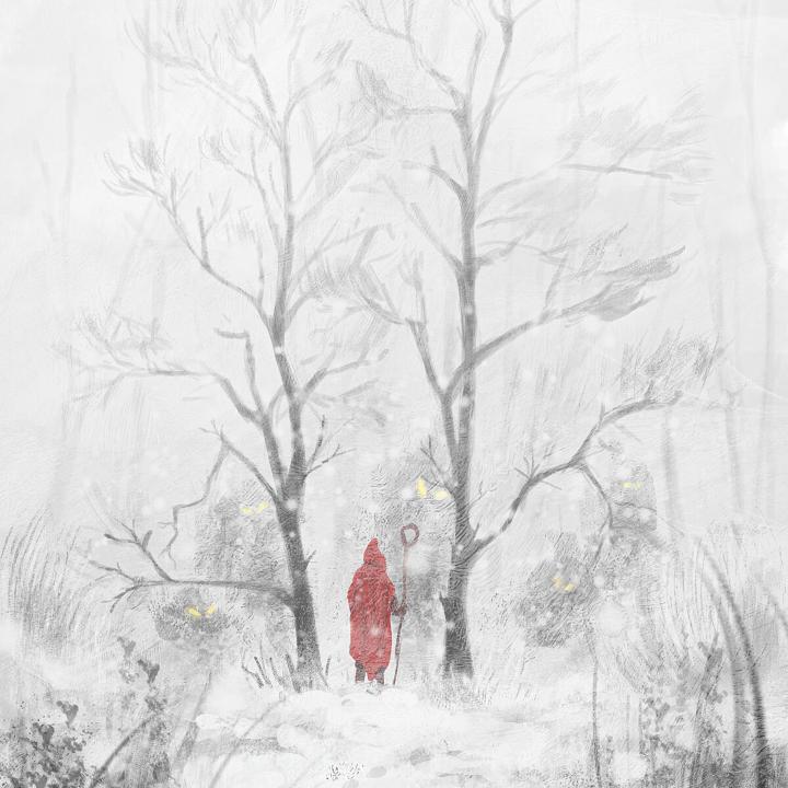 Silhouette Cloak Staff Forest Snow Winter Art