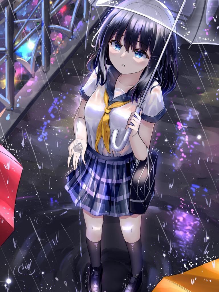 Girl Schoolgirl Umbrella Rain Anime
