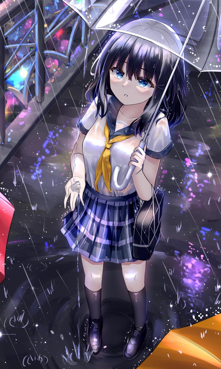 Girl Schoolgirl Umbrella Rain Anime