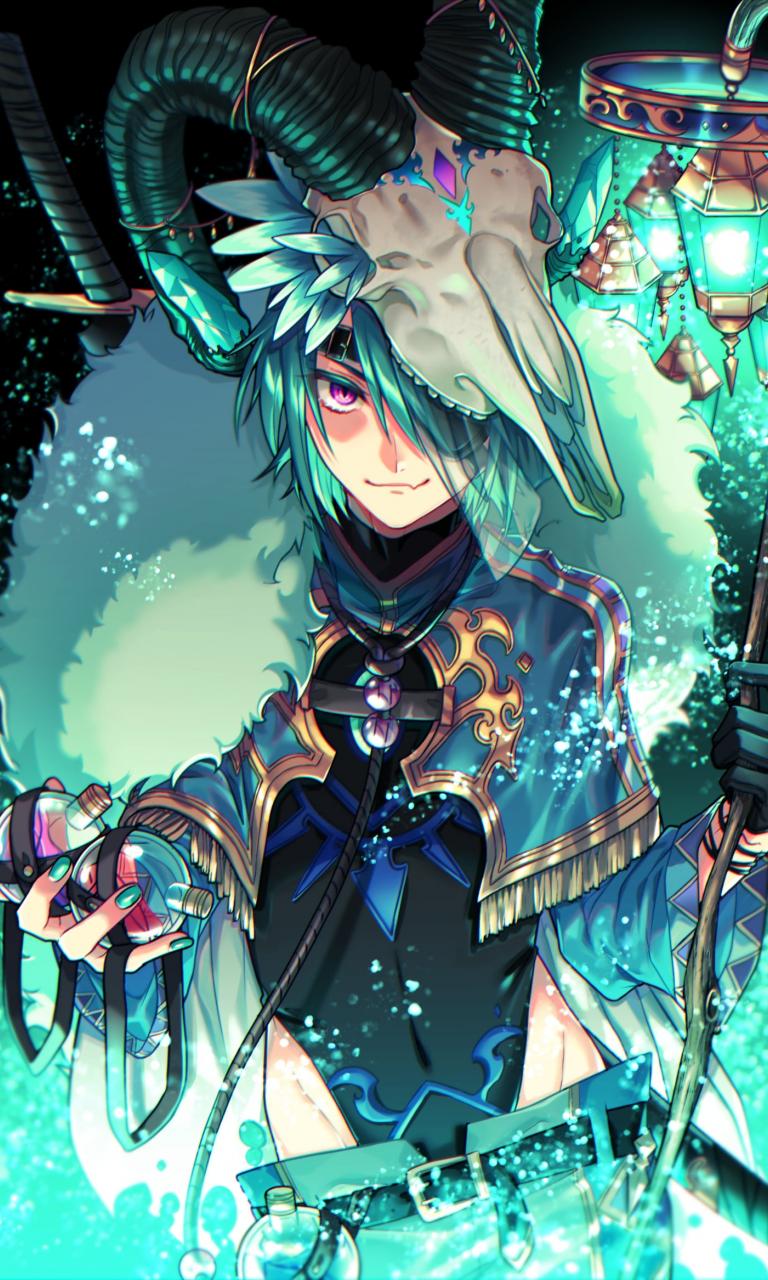 Guy Shaman Skull Horns Anime Art Green